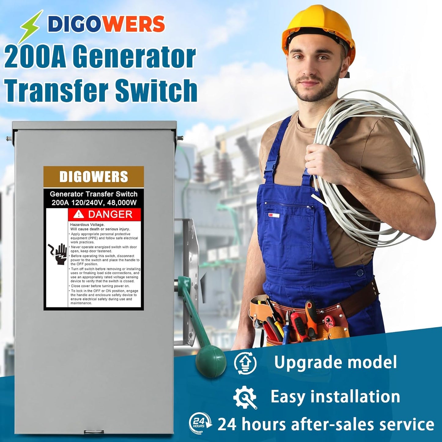 Upgraded 200 Amp Generator Transfer Switch, Manual Transfer Switch 2 Pole 4 Wires, 120/240-Volt 48,000-Watt General-Duty Double Throw Safety Switch,