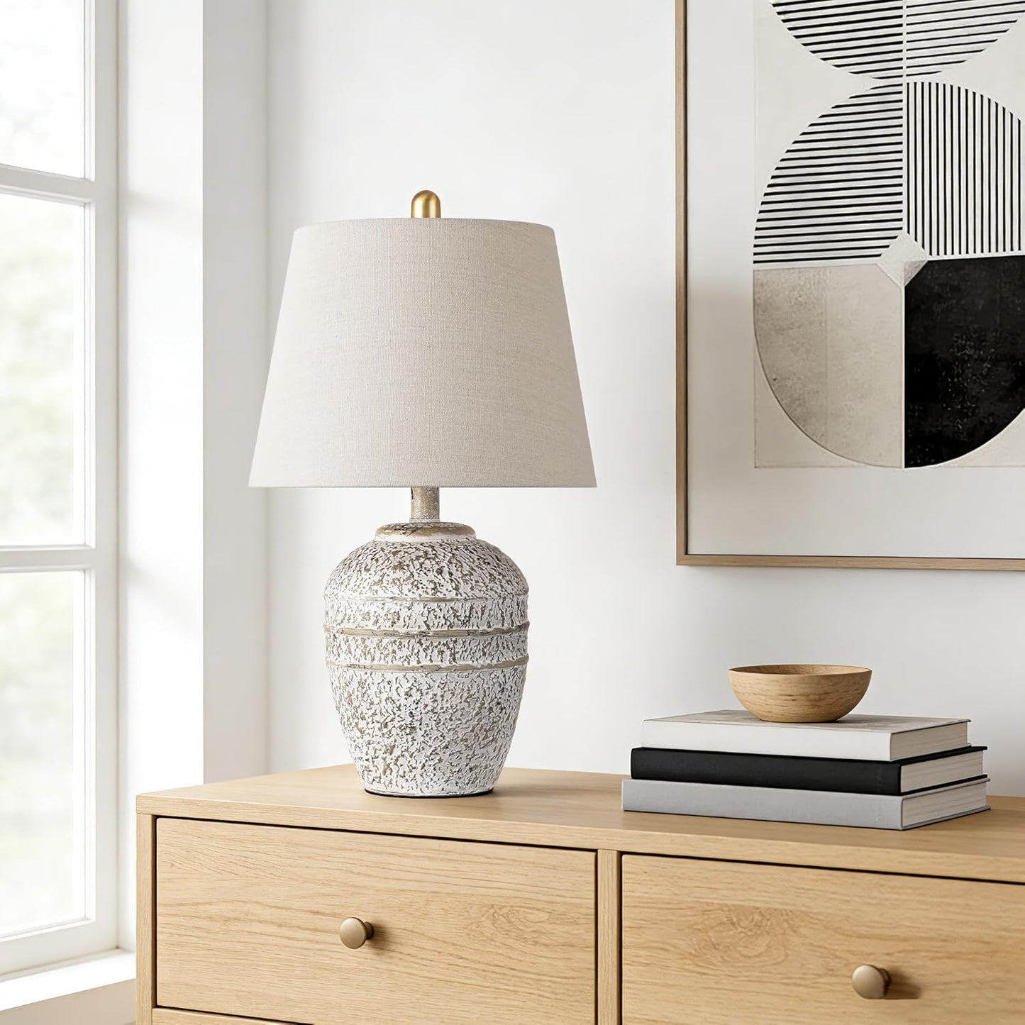 Rustic Farmhouse Table lamp for Living Room Bedroom, Modern Ceramic Bedside Lamp with Linen Shade, Grey