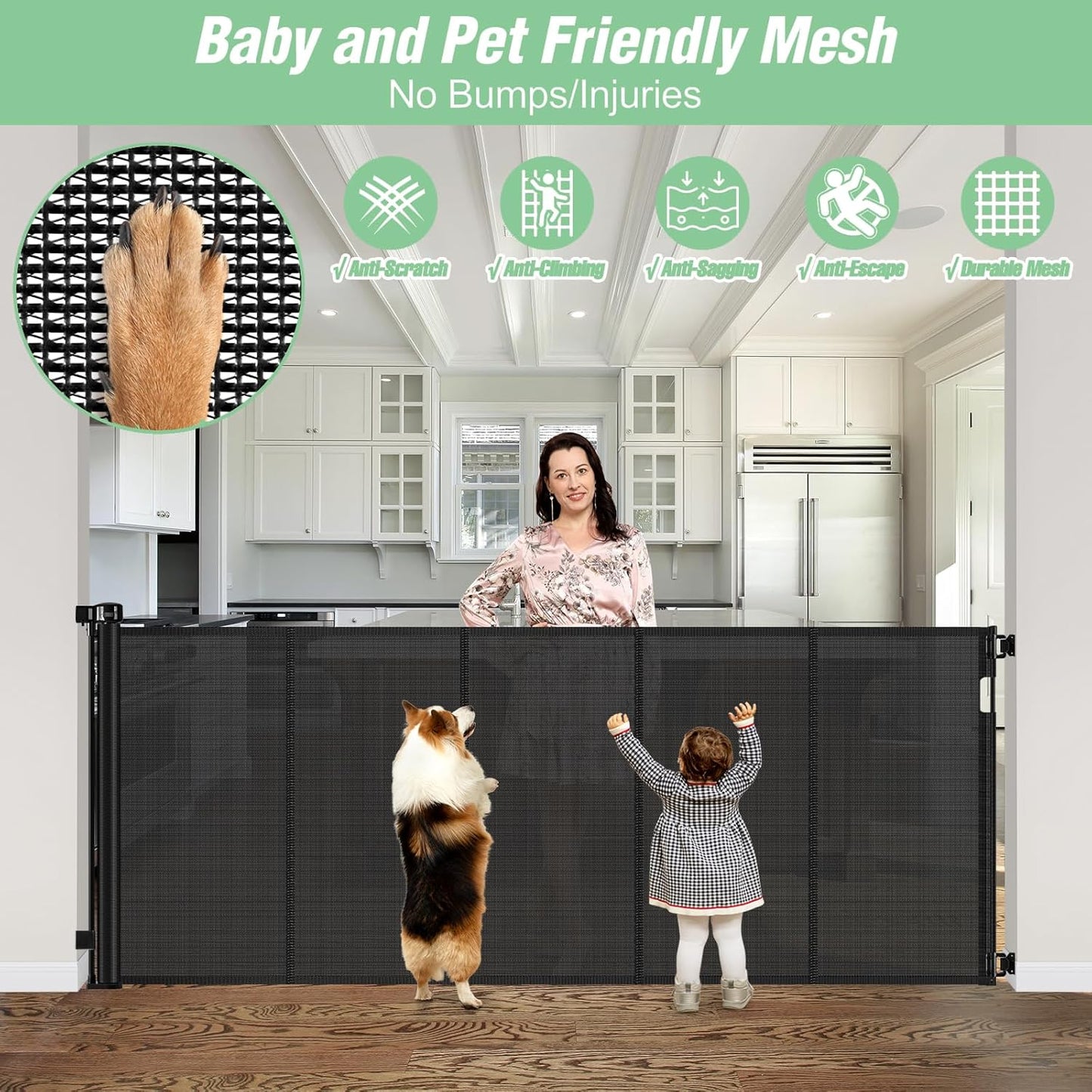 Reinforced 42 Inch Extra Tall Pet Gate with Support Rods, 96' Wide Retractable Baby Gate, Prevent Crawling Under Extra Tall R