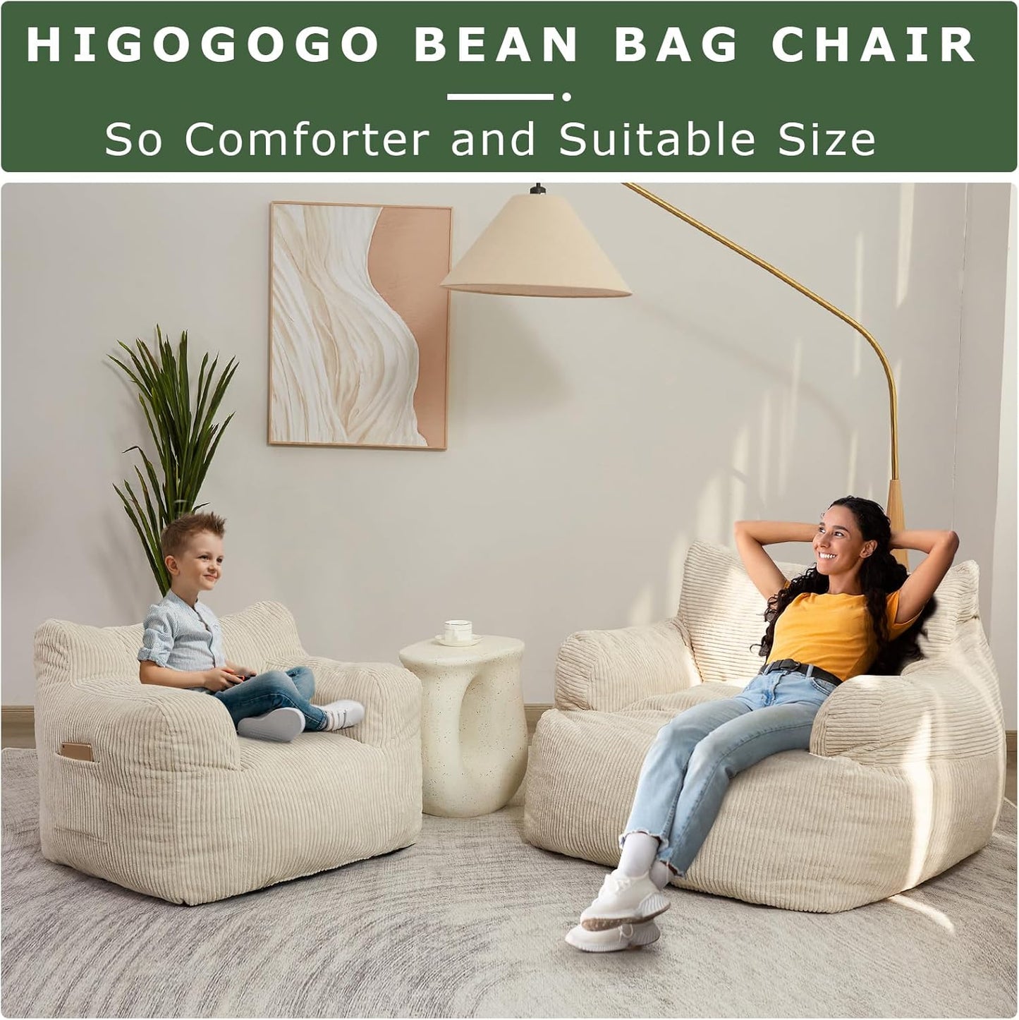 Giant Bean Bag Chair Sofa, Big Comfy Chair for Bedroom Living Room, Bean Bag Lazy Chair for Adults with Pocket Armrests for Gaming, Reading, Beige