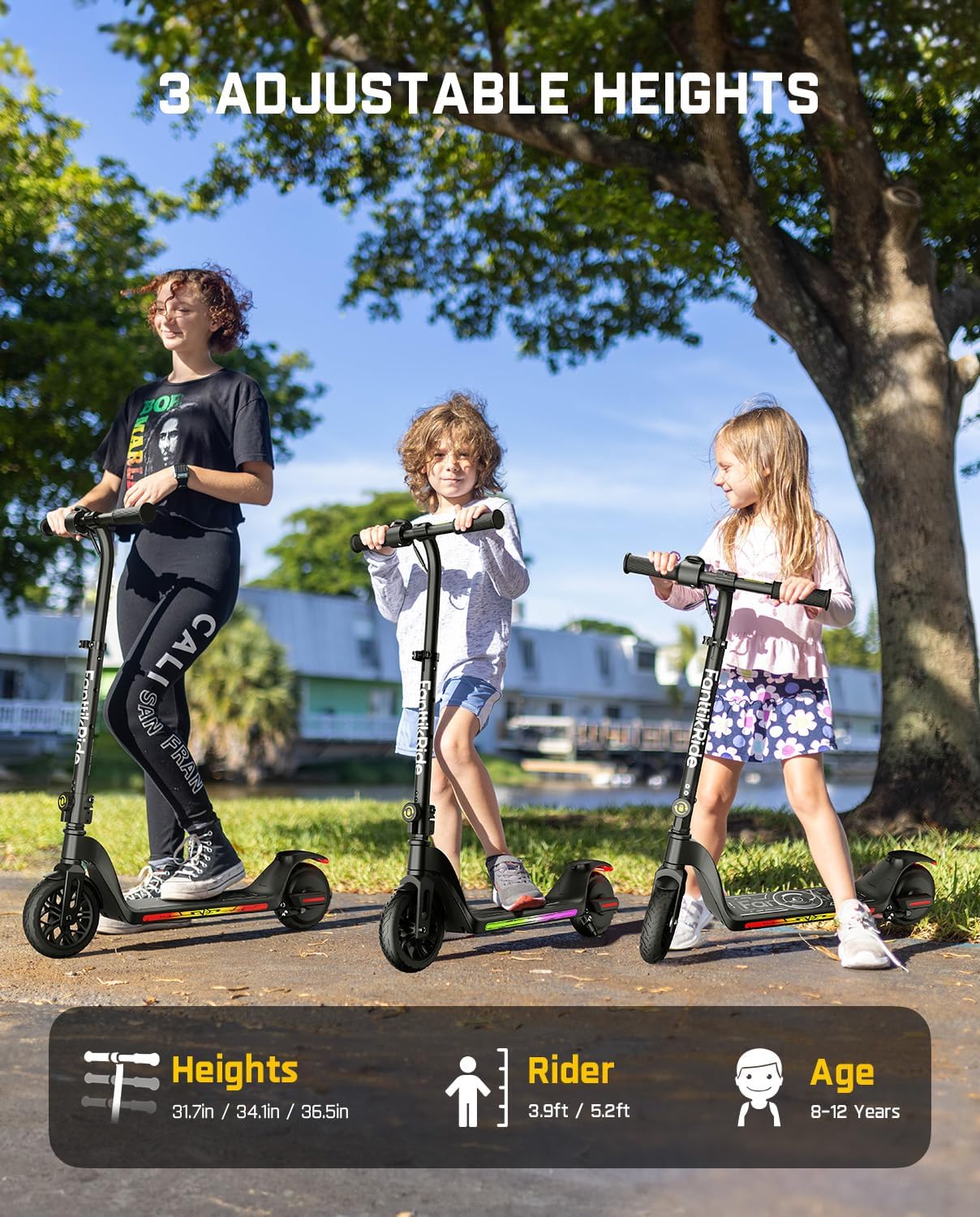 C10 Pro Electric Scooter for Kids, LED Battery Level, 5/8/10 MPH, 6.5 Miles Range, Height Adjustable, Type C Fast Charging, Foldable Electric Scooter