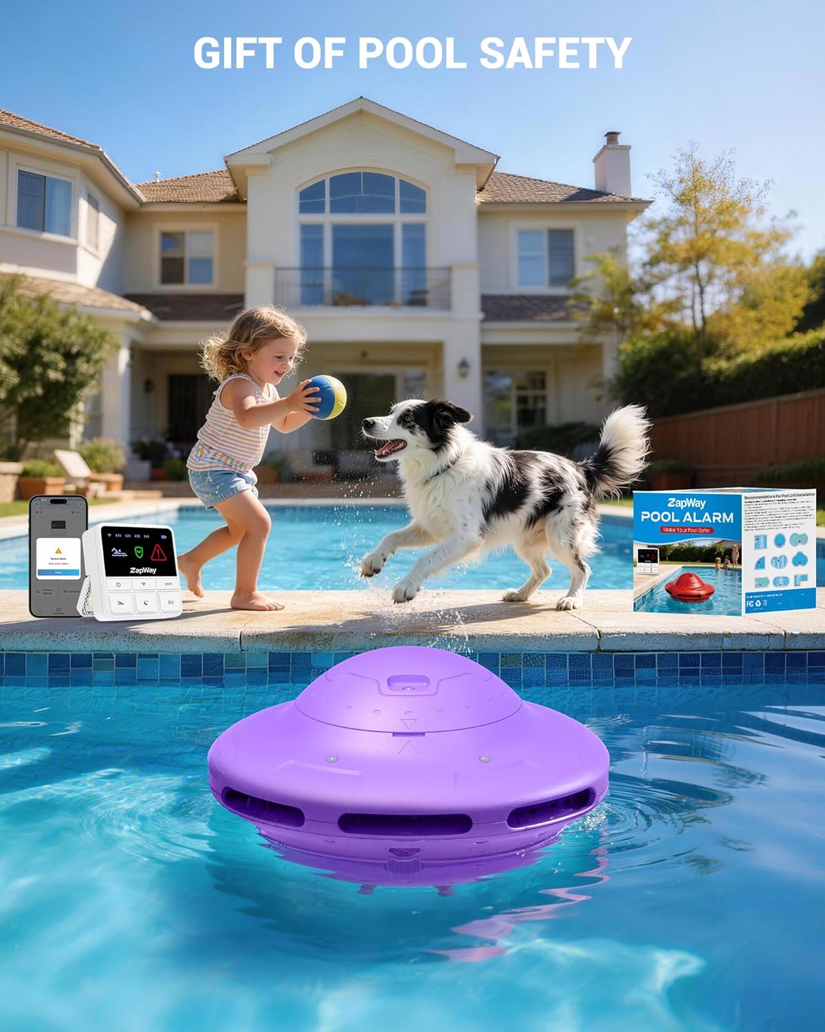 Pool Alarm with Home Receiver - Loud Floating Safety Pool Alarms with App Remote Control for Inground & Above Ground Pools, Extra Water Safety for Kids, Pets and Pool Owners, Purple