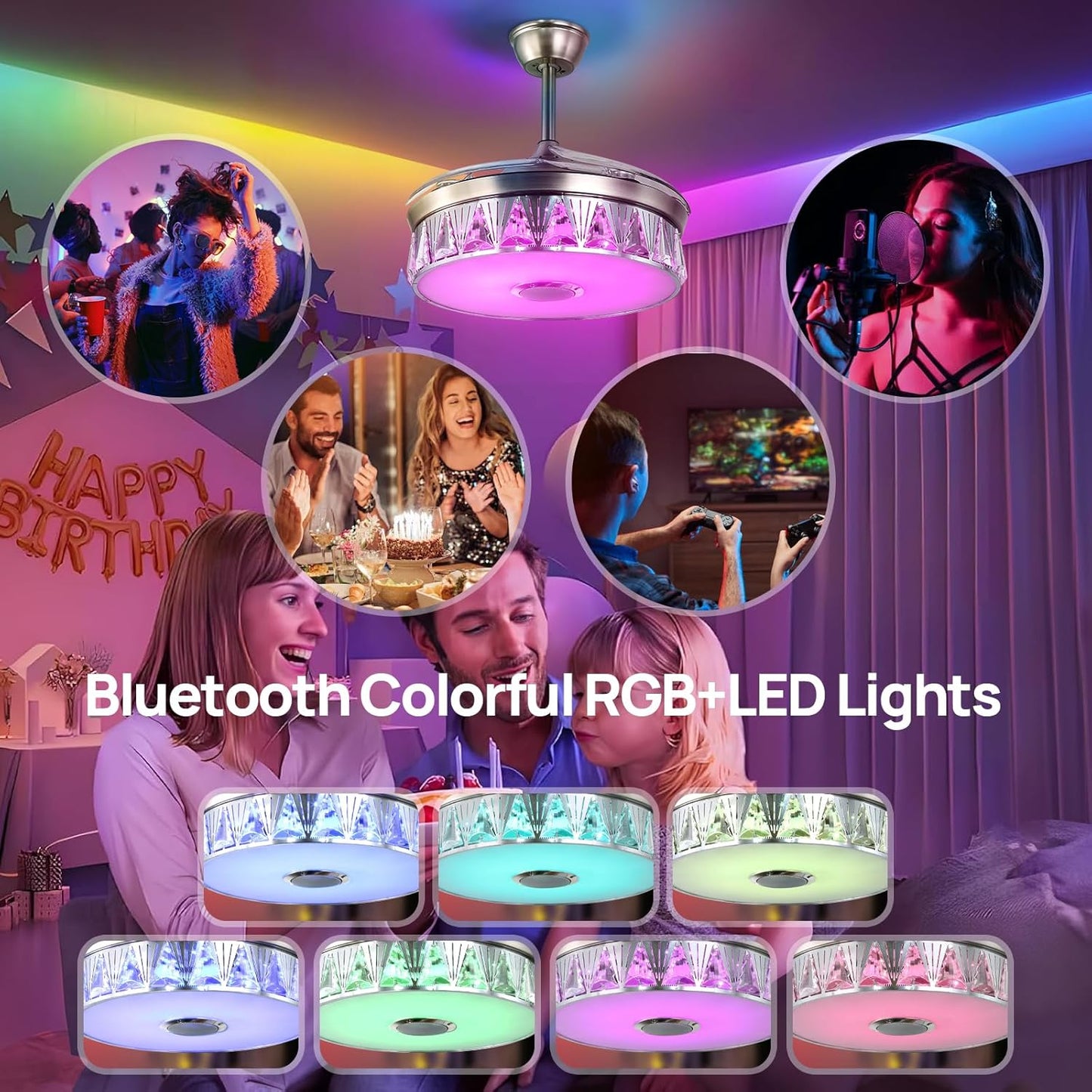 Ceiling Fan, Modern Retractable Fan Ceiling Light with Bluetooth Speaker RGB,42' Retractable Ceiling Fans, Fandelier Ceiling