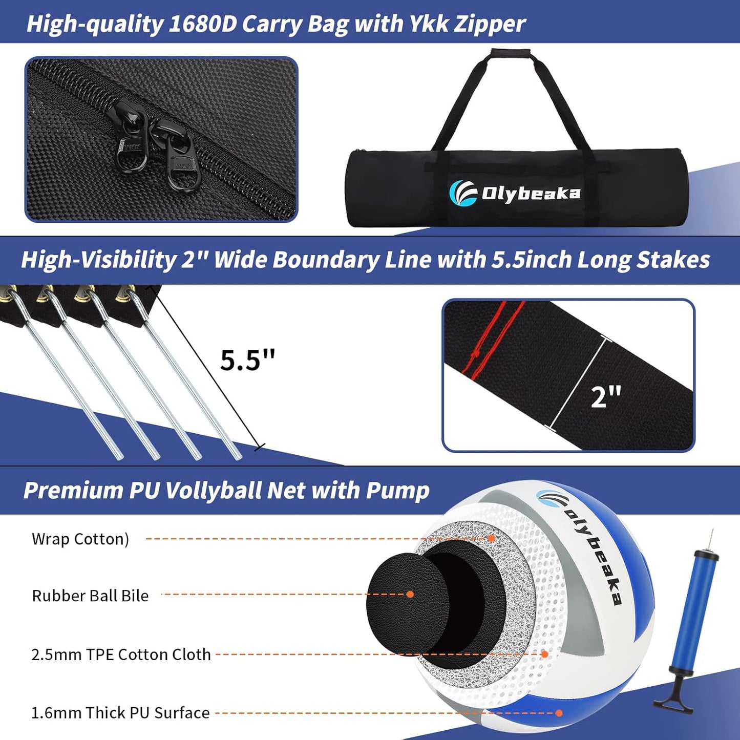 Olybeaka Portable Volleyball Net Outdoor for Backyard Beach Heavy Duty Volleyball Net Set System with 2" Adjustable Height Aluminum Poles, PU