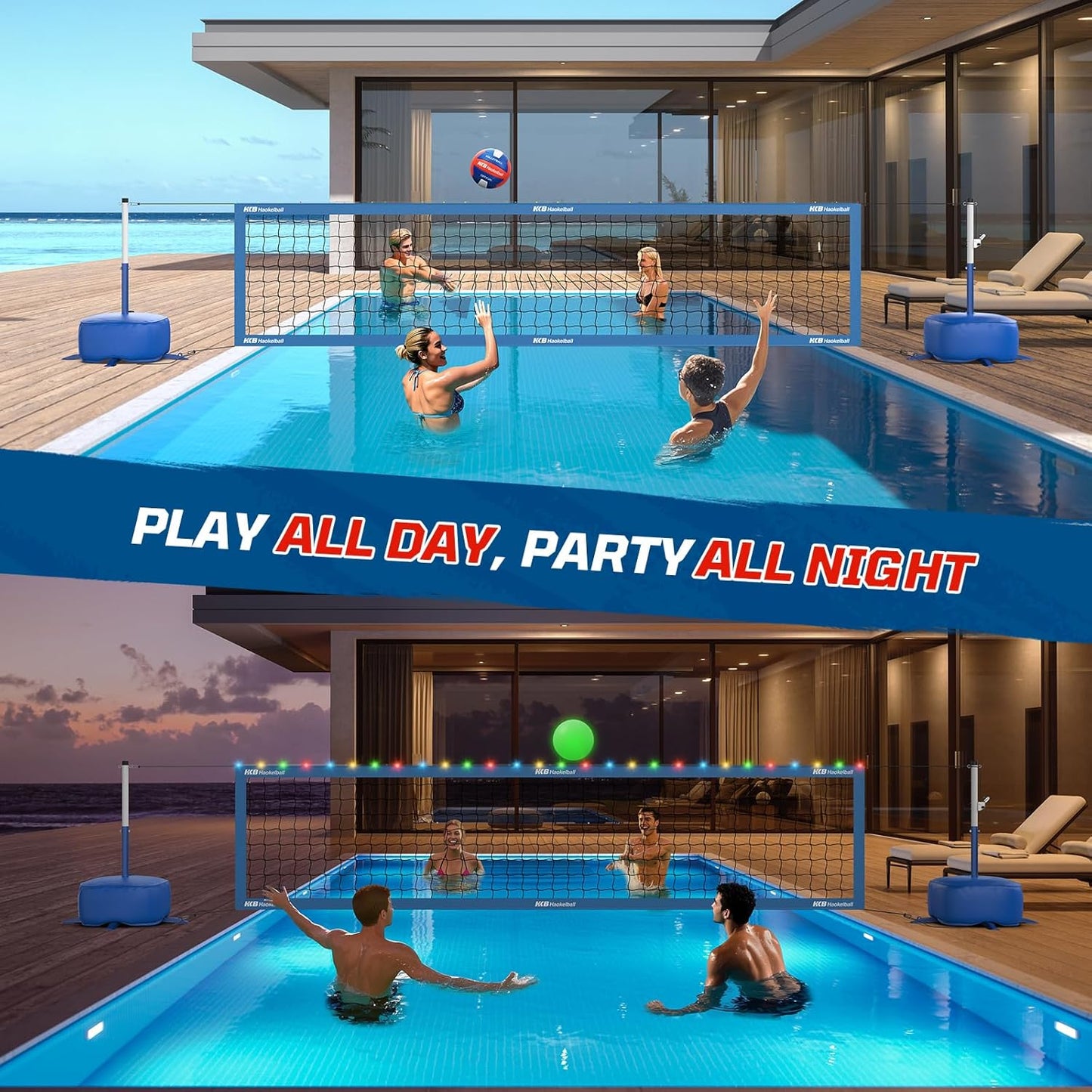 Pool Volleyball Net Set with Adjustable 15ft-32ft Length & Height, LED Lights, 2 Volleyballs (1 glows in the dark)