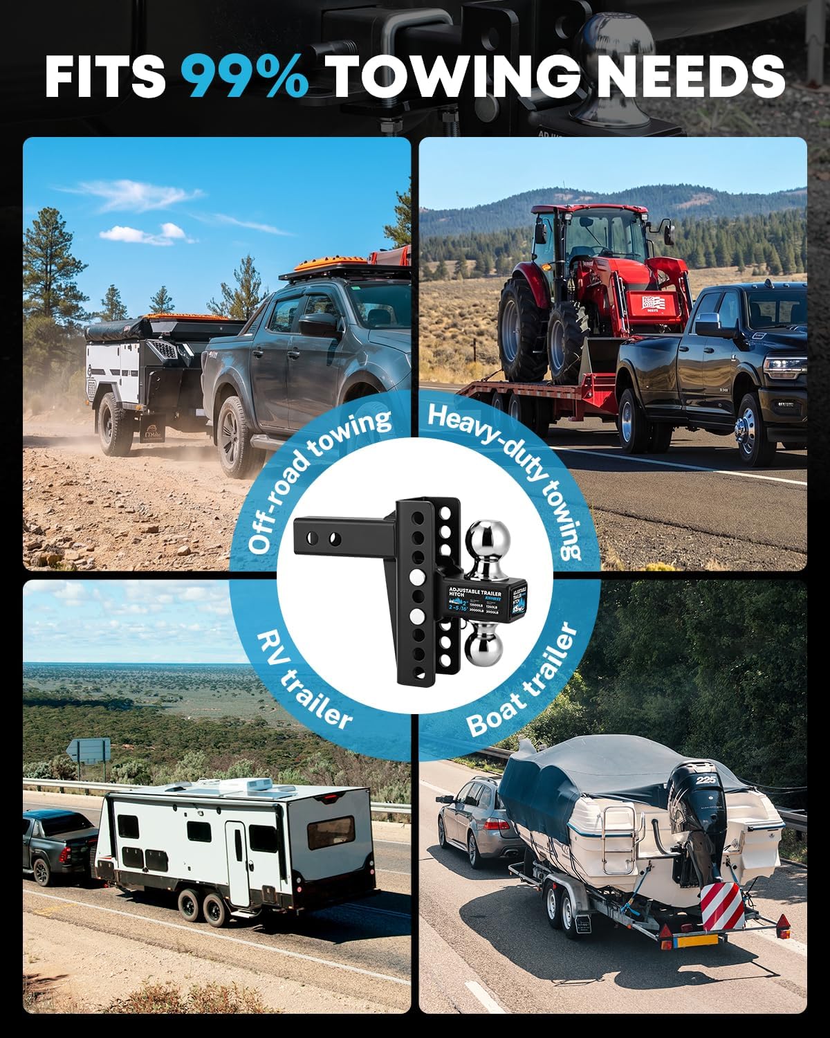 Kohree Adjustable Trailer Hitch for 2-Inch Receiver, 22,000 LBS GTW, 6-Inch Drop/Rise Hitch with 2" & 2-5/16" Balls, Anti-Rattle Tow Hitch, Anti-Theft Pin, Heavy Duty G80 Steel Ball Mount, Black