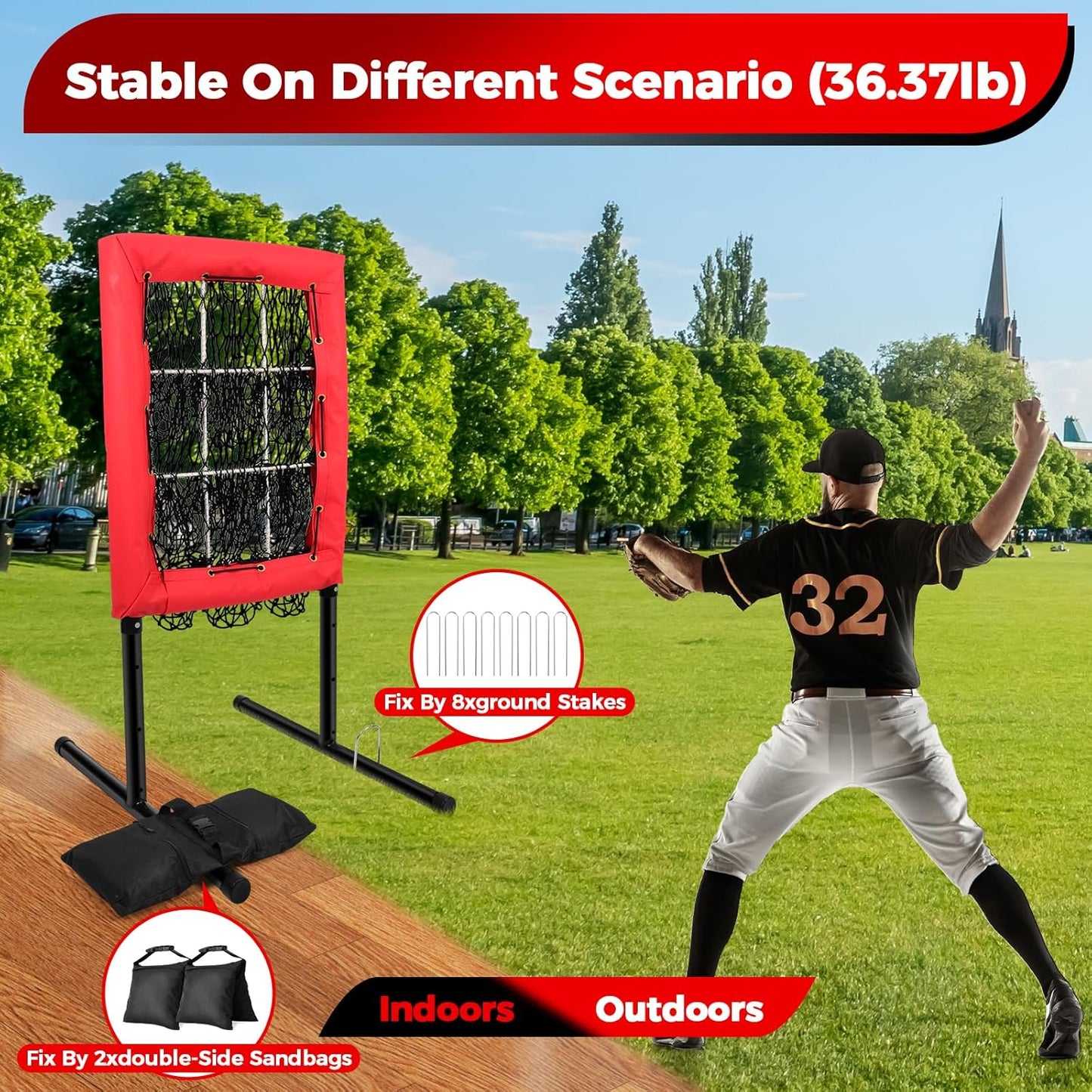Heavy Duty 9 Hole Pitching Net with Strike Zone,9 Pocket Pitching Target Net of 4 Adjustable Heights (36-53in)