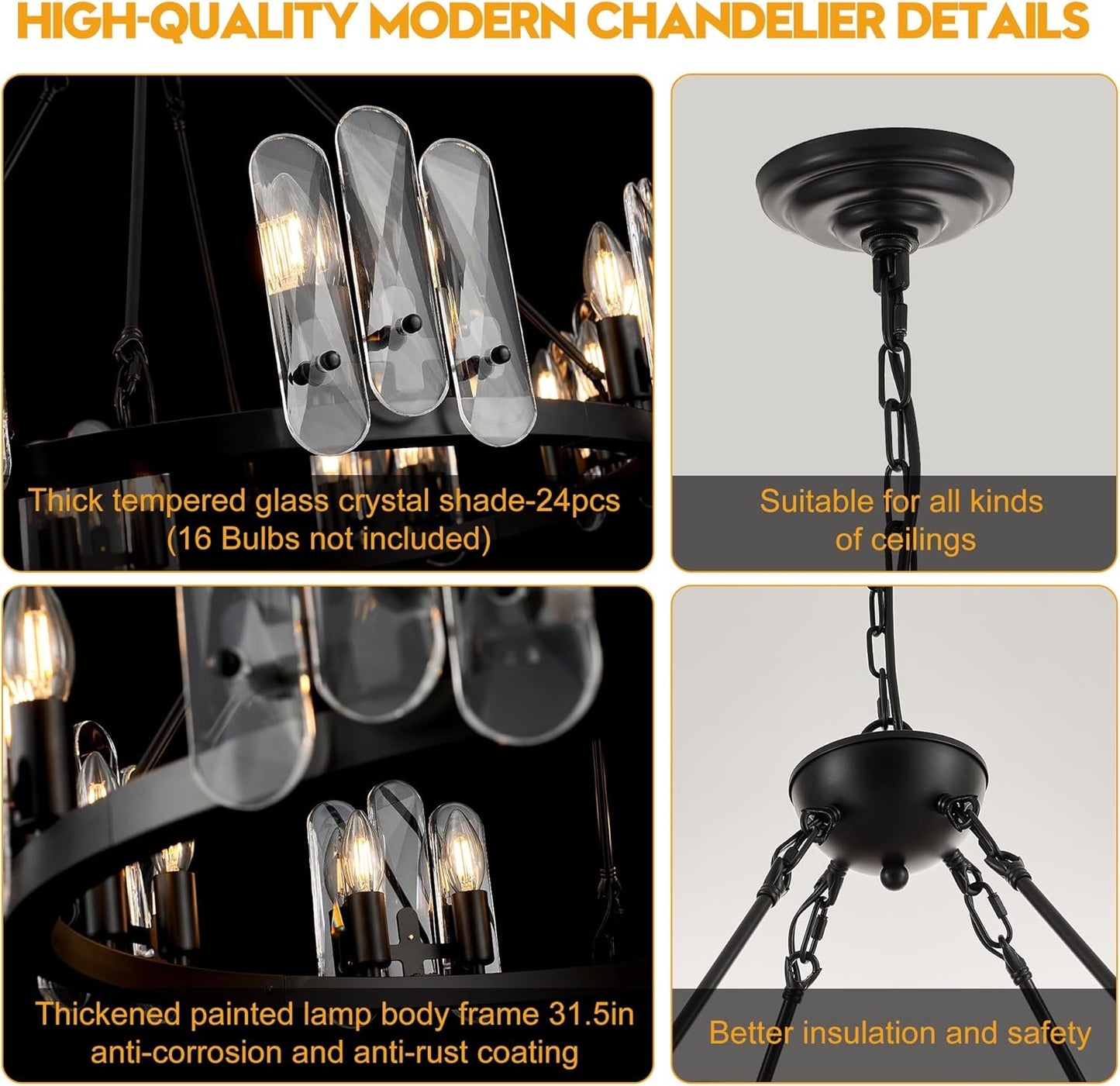 Modern Industrial 31.5' Black Wagon Wheel Crystal Chandelier for Dining Room, Large Glam Luxury 16-Light Round Pendant Ceiling Light Fixtures for