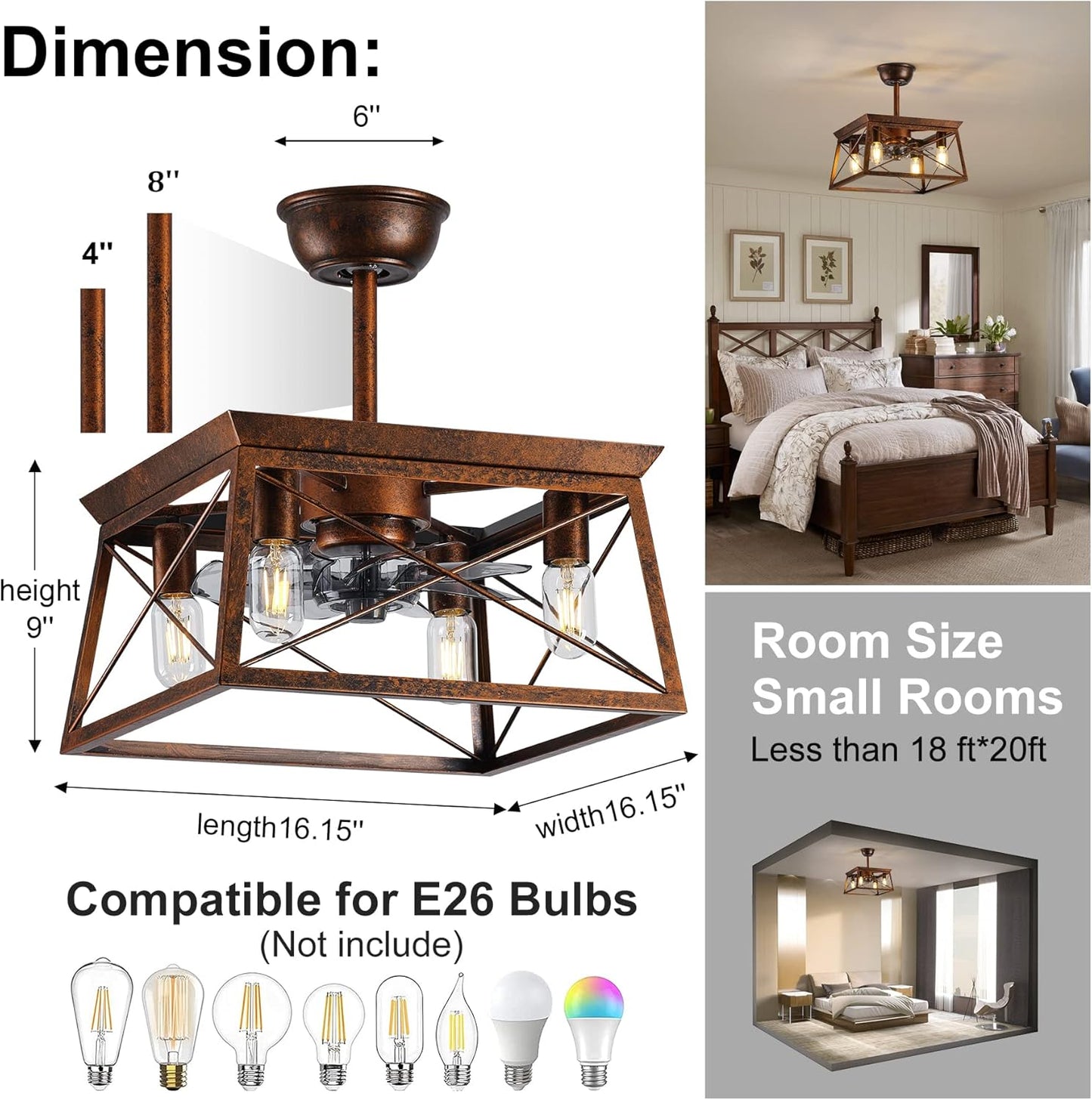 TRIBILLION Farmhouse Caged Ceiling Fan Light with Remote,Low Profile Ceiling Fan with Lights, Flush Mount Ceiling Light for Bedroom, Living Room
