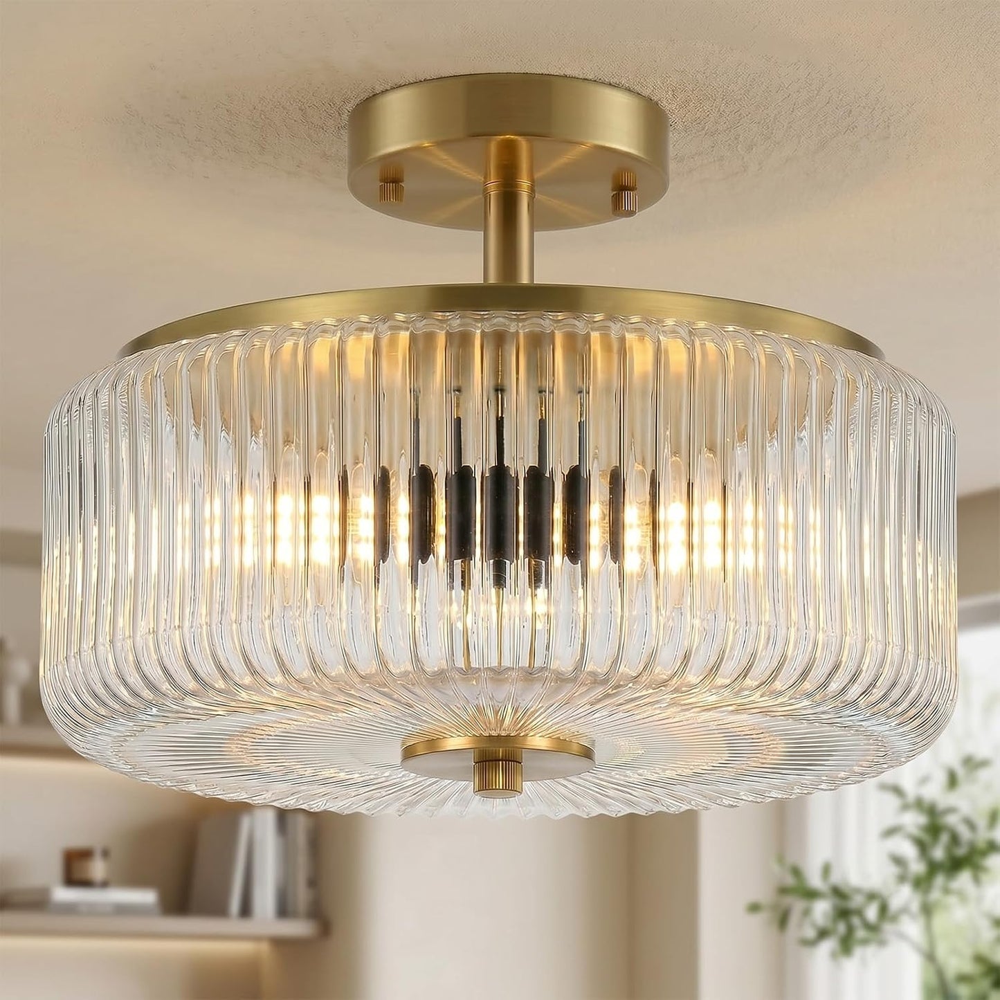 3-Light Semi Flush Mount Ceiling Light, 11.8" Modern Gold Light Fixtures Ceiling Mount with Enclosed Ribbed Clear Glass Shade, Close to Ceiling Lamp for Bedroom, Kitchen, Hallway, Entryway