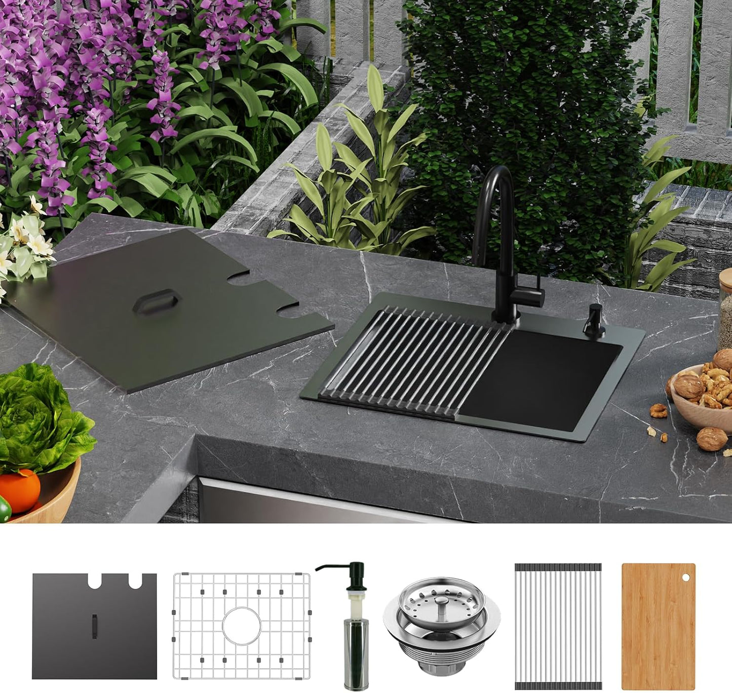 Black Kitchen Sink With Dust Lid, 21'x18' Stainless Steel Drop In Single Bowl Sink, Built-in Ledge, Topmount