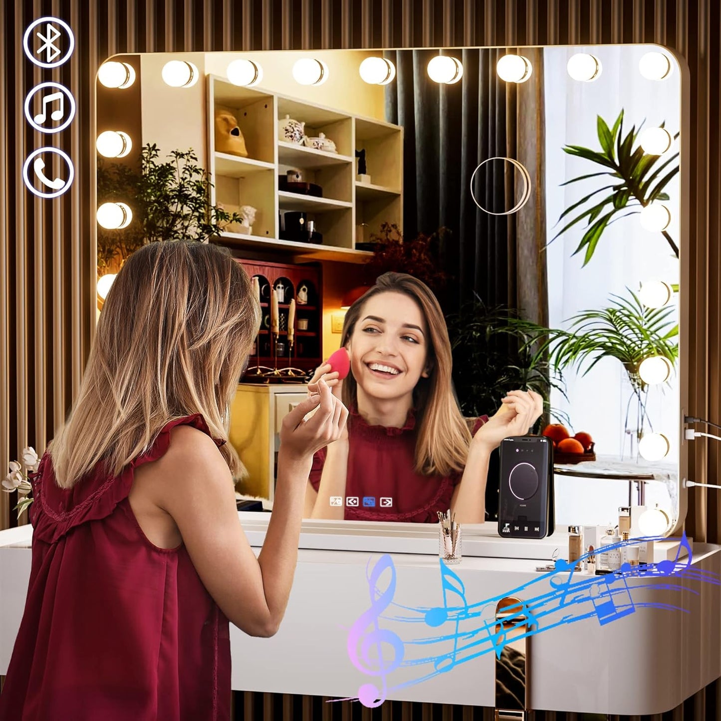Hasipu Vanity Mirror with Lights and Bluetooth Speaker, 40" x 29" Hollywood Makeup Mirror with 21 Dimmable Bulbs and