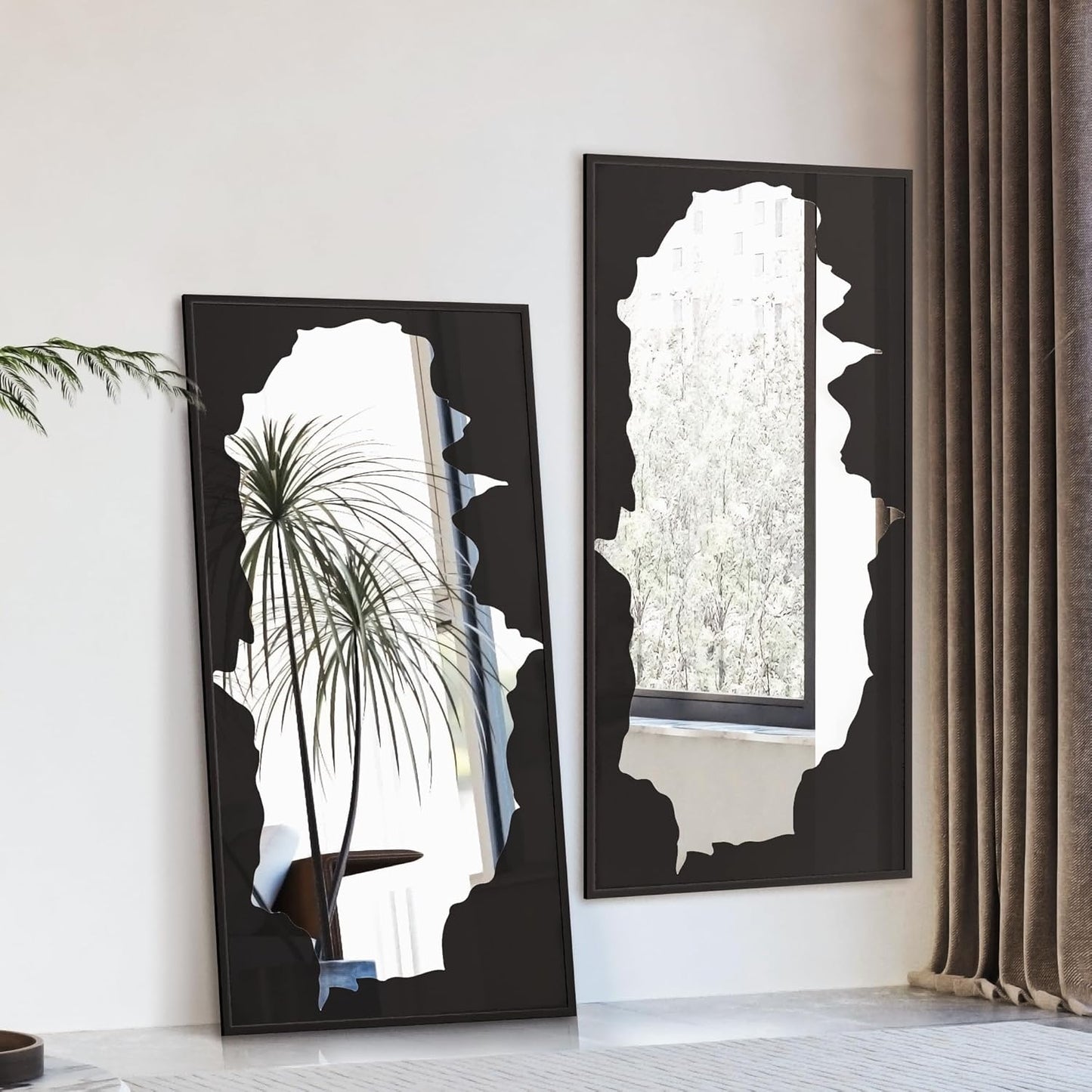 Full-Length Mirror Free Standing Leaning Mirror with Artistic Black Abstract Overlay Deco, 55"x28" Shatterproof Wall-Mounted Mirror, Perfect