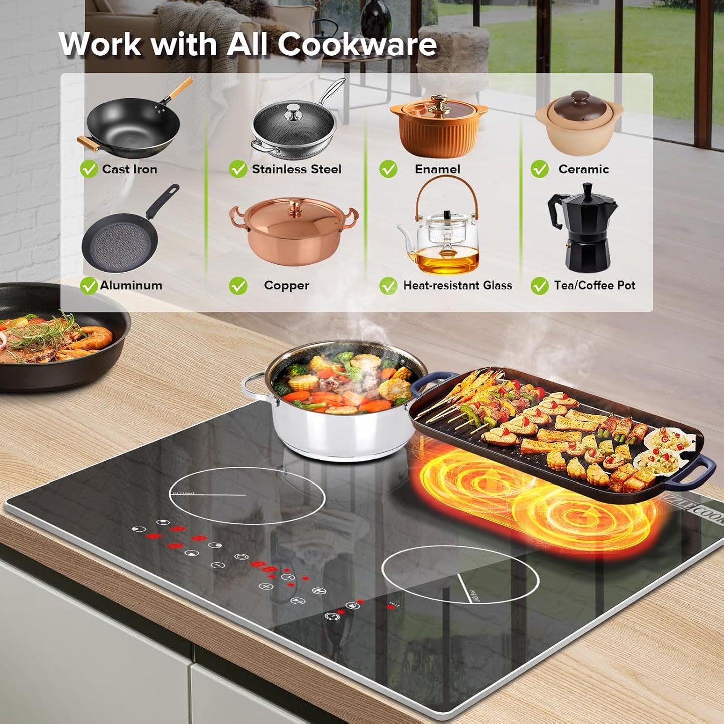 SizzleCook Electric Cooktop 24 Inch 4 Burners, Built-in Radiant Electric Stove Top, Electric Ceramic Cooktop with Glass Protectio
