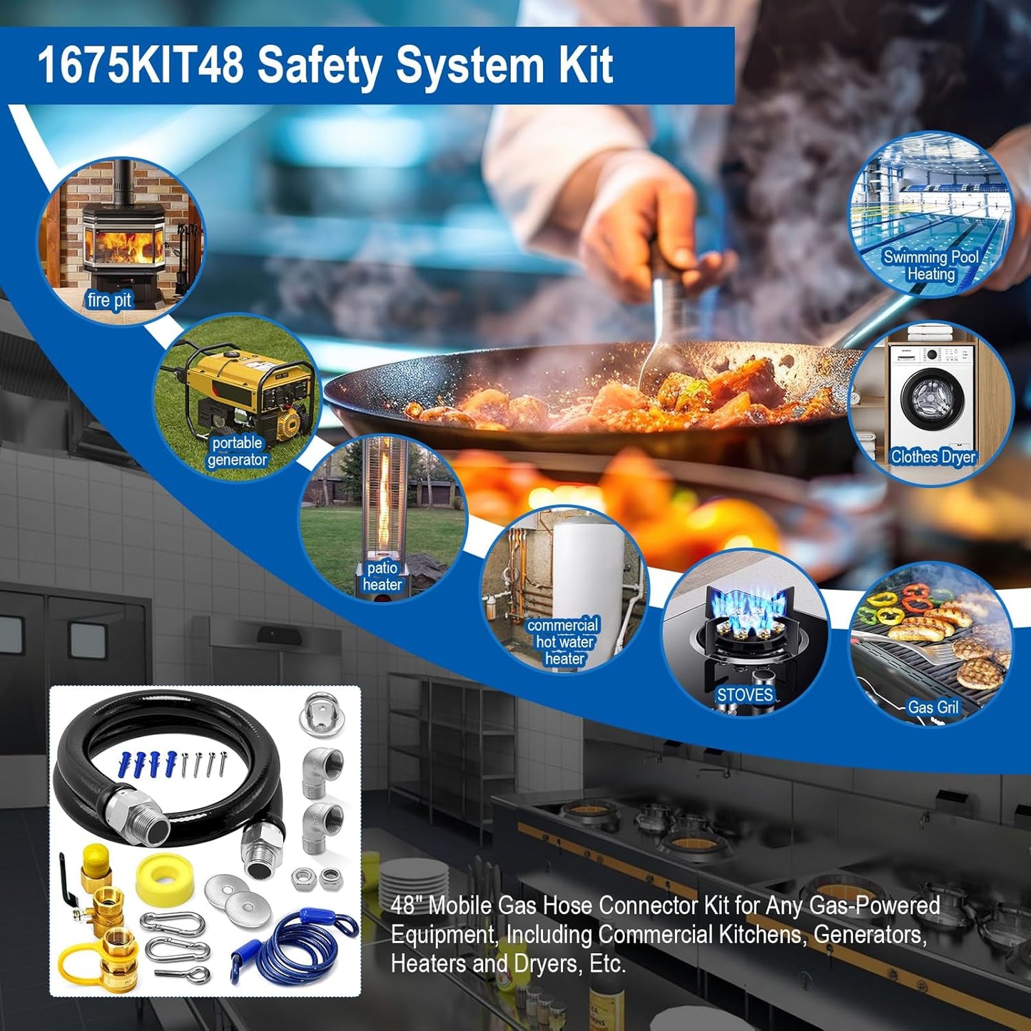1675KIT48 Safety System Kit, 48" Mobile Gas Hose Connector with 2 Elbows, 3/4" Quick Disconnect, 3/4" Gas Flex Line & Gas Valve, Quick Connect & Disconnect for Commercial Kitchen Equipment.