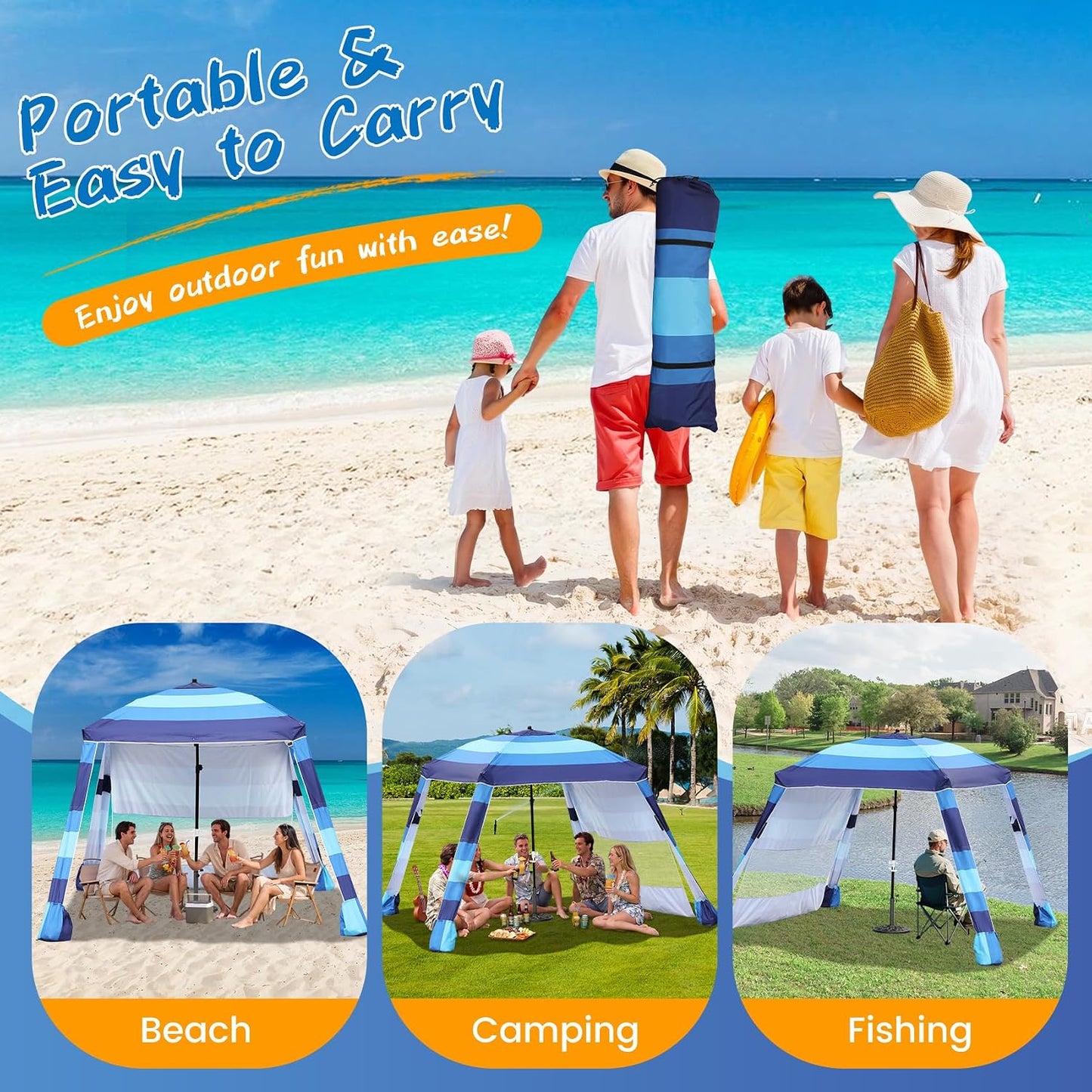 Beach Cabana,Spacious 7.2 x 7.2 FT Beach Cabana Provides Ample Shade for 5-6 People, Perfect for Family Outings; Features 3 Side Curtains for Enhanced Privacy and Wind Protection BLUE