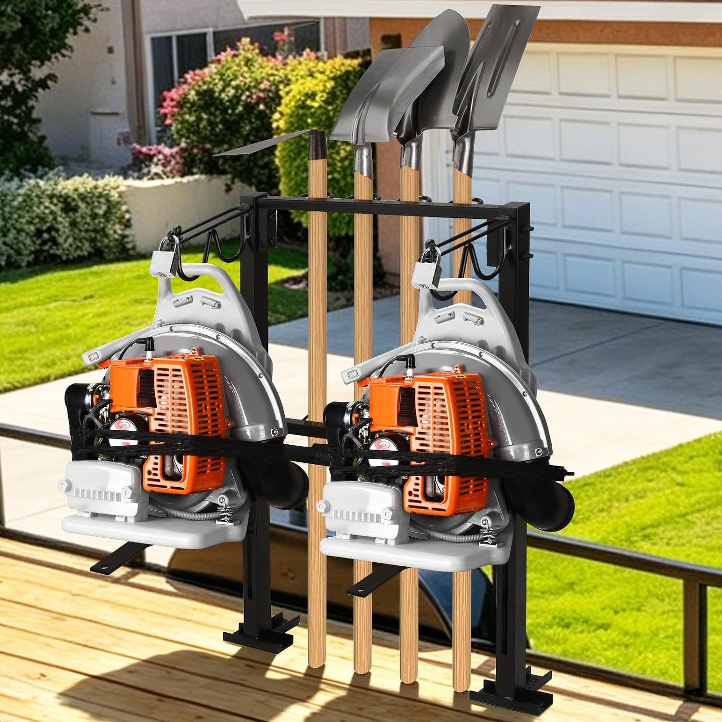 2 Place Backpack Blower Rack for Trailer - Trailer Tool Rack with 4 Holes | Heavy Duty, Truck Tool Organizer Holder for Yard Tools Rakes Shovels, Height Adjustable Holding Base Fit 16"-25” Blower