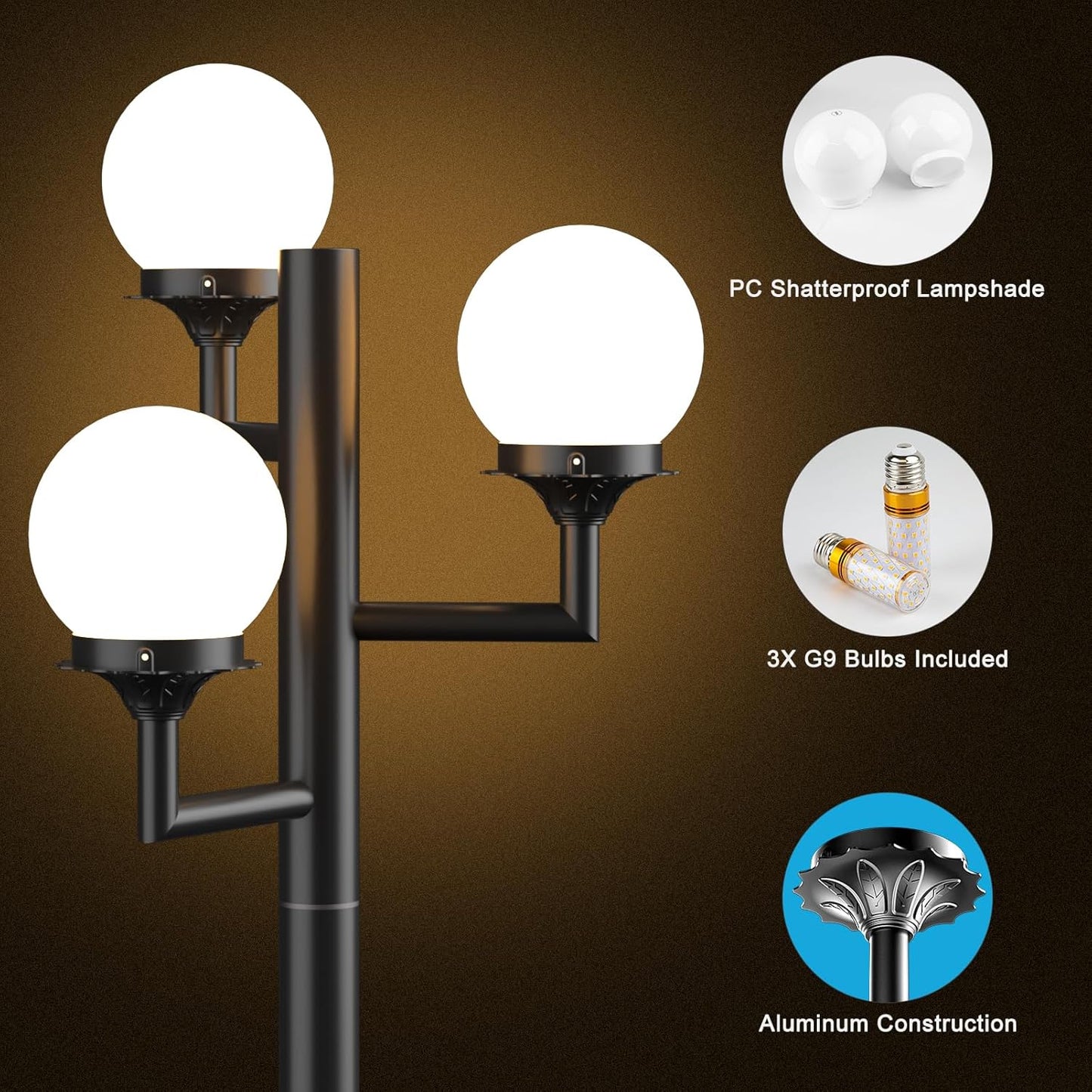 Lightdot 79" Outdoor Lamp Post Light, 3-Head Street Light Pole Lamp with G9 LED Bulbs, IP65 Waterproof Outdoor Post Light Fixtures for Garden