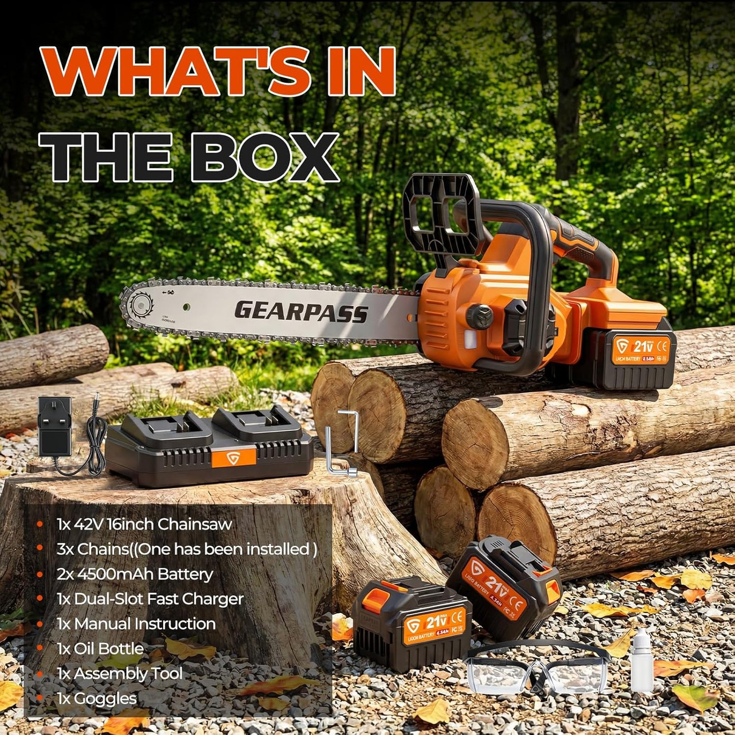 42V 16-Inch Cordless Chainsaw with 2x 4.5Ah Battery & Dual Fast Charger, Brushless Electric Chain Saw, Tool-Free Tensioning, Auto Oiling, Chain Brake, for Tree Wood Cutting Yard Work