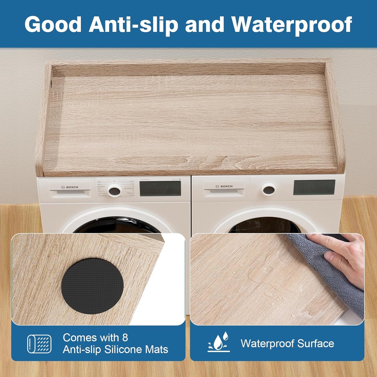 Washer Dryer Countertop 27.5" W x 54" L Laundry countertop for Storage and Organization with Edge Rails, Oak (O