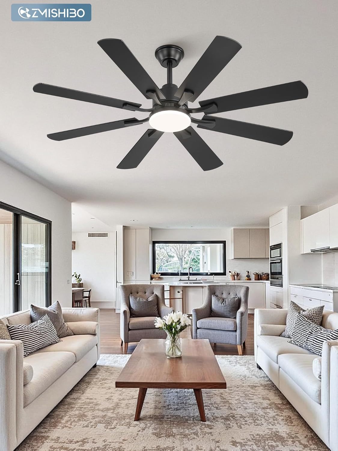 ZMISHIBO 52 inch Ceiling Fan with Light and Remote, 8 Blades Ceiling Fans with 20W LED Light, Quiet DC Motor, 6 Speeds, Stepless Color Temperature Change & Dimmable, for Bedroom Living Room, Black Black 52 Inch