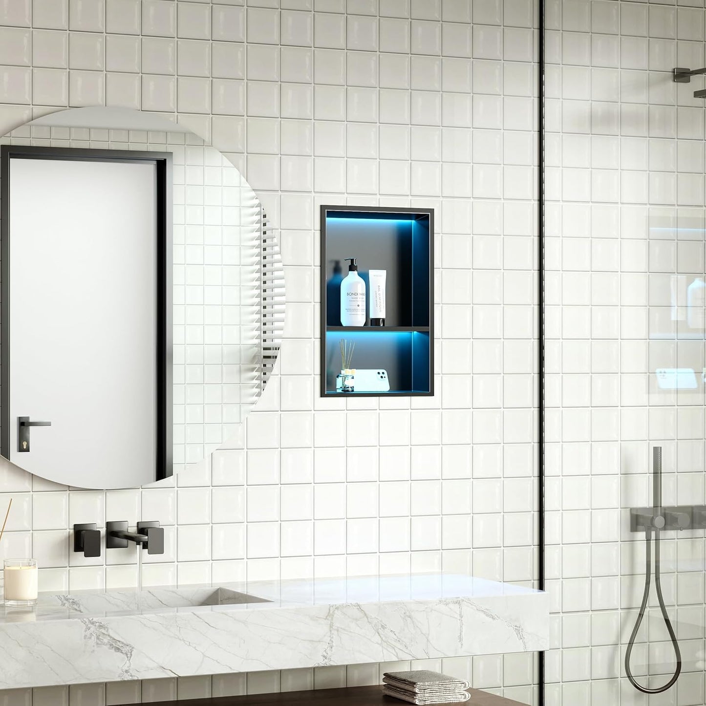 Qeke Stainless Steel Shower Niche 12" X 18", No Tile Needed Wall Niche with RGB Led Light, Recessed Niche Shower f