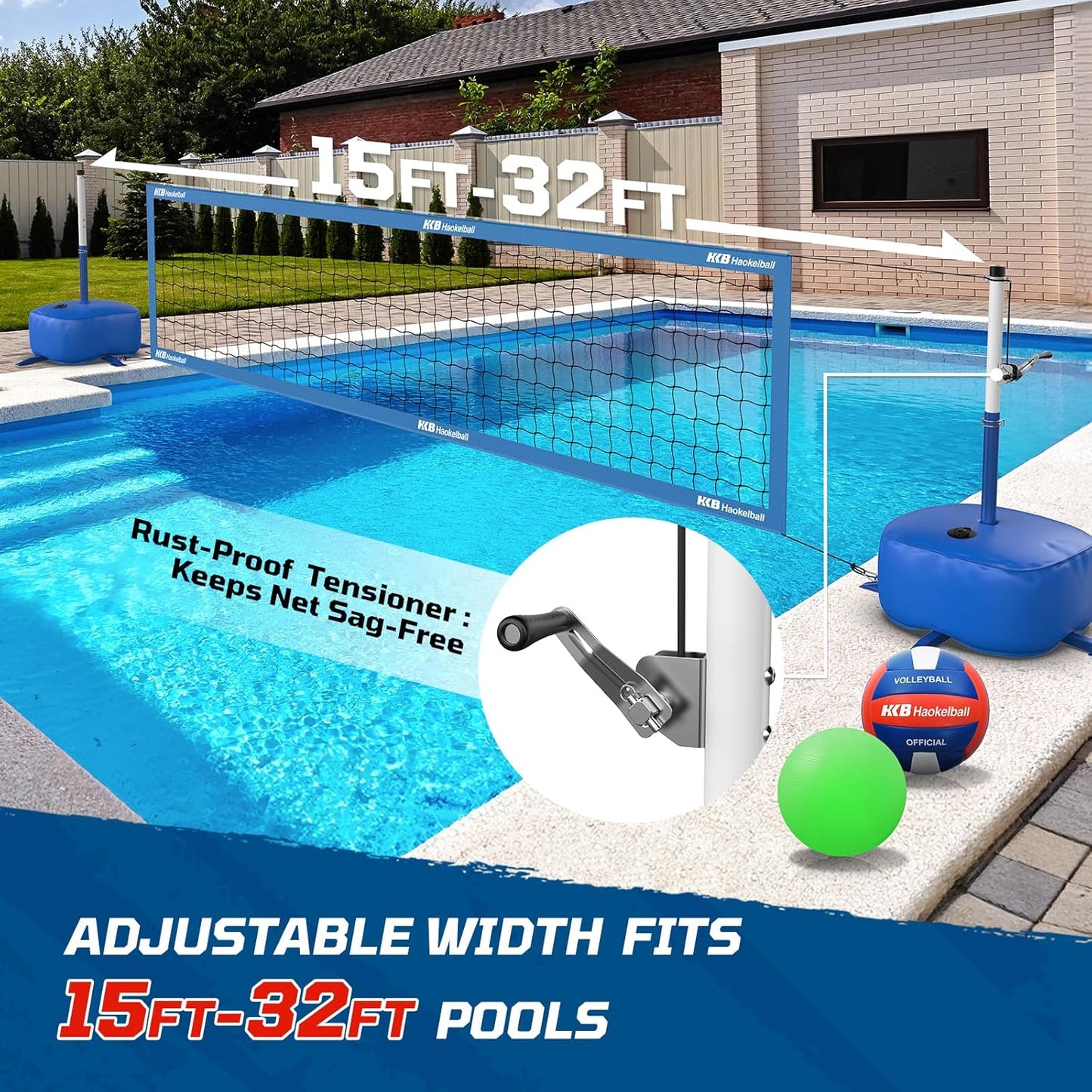 Pool Volleyball Net Set with Adjustable 15ft-32ft Length & Height, LED Lights, 2 Volleyballs (1 glows in the dark)