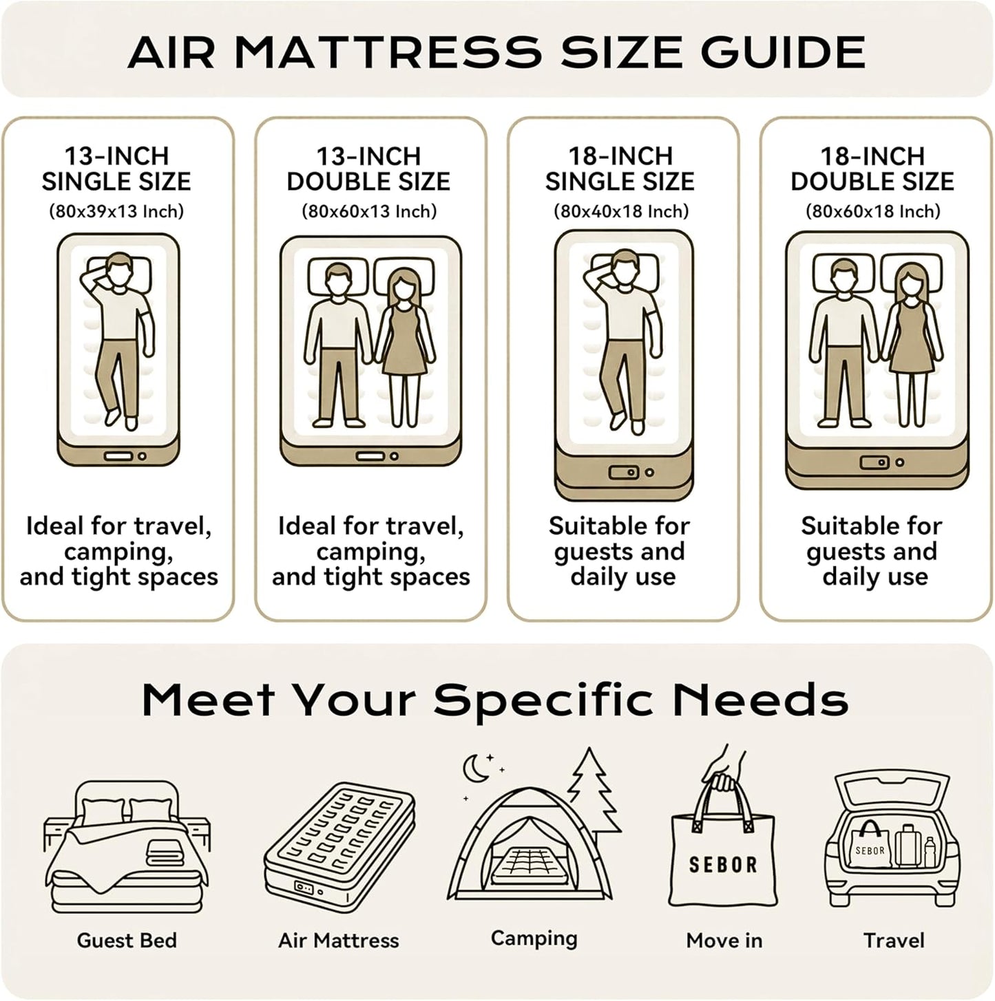 Air Mattress Twin with Built-in Pump 13", Comfortable Self-Inflating Blow up Mattress, Tan