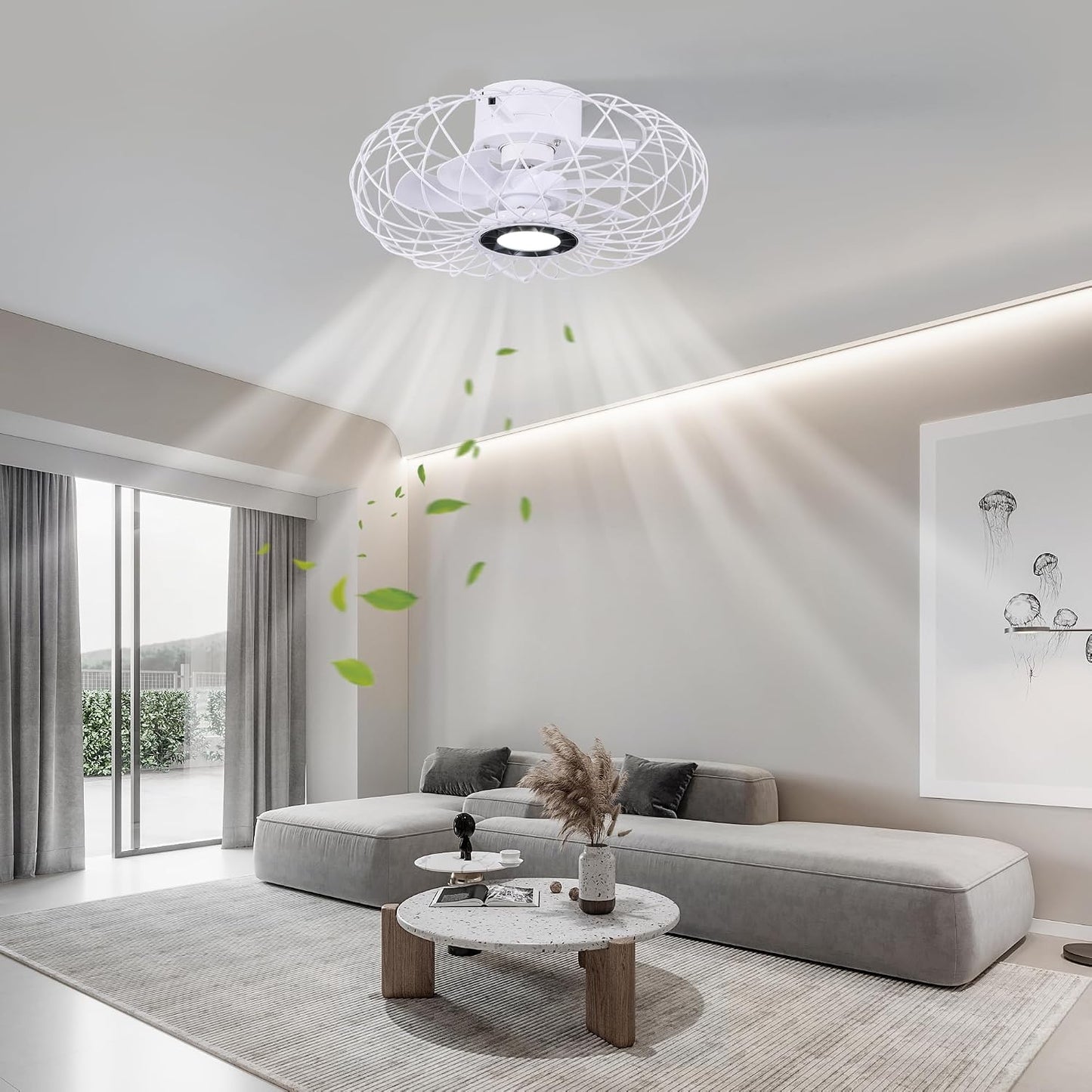 PAZALA Caged Ceiling Fans with Lights Remote Control,15 inch Flush Mount Retro White Small Enclosed Ceiling Fan with Remote, 3 Color Dimmable, 6 Speeds Reversible Ceiling Fan for Bedroom, Dining Room