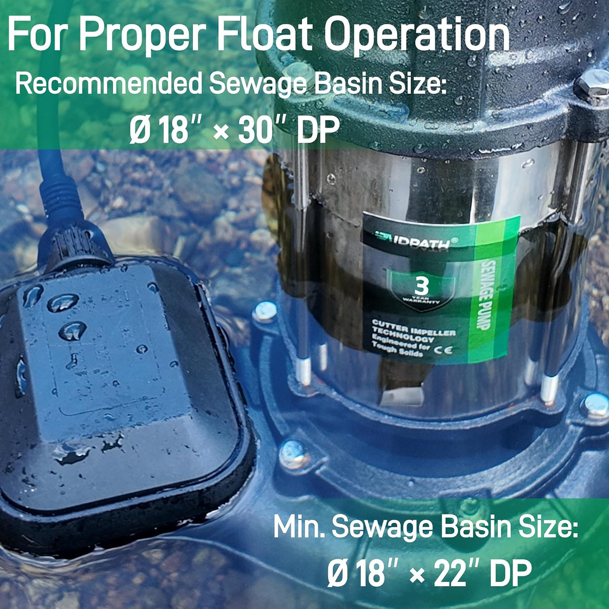 Max 8870GPH, 1.5HP, 115V Trash Pump, Septic Sewage Pump Submersible