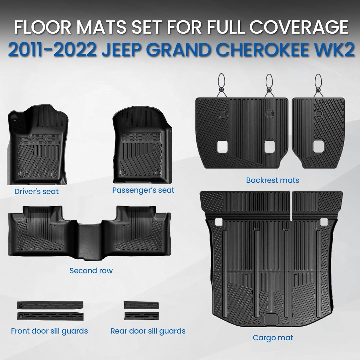 Floor Mats Set for for Jeep Grand Cherokee 2011-2021 & 2022 WK2 (Not for 2022 WL or L), All Weather TPE Backrest Mat Trunk Mat Cargo Liner Door Sill Guards Accessories (WK2 | Floor Mats Set)