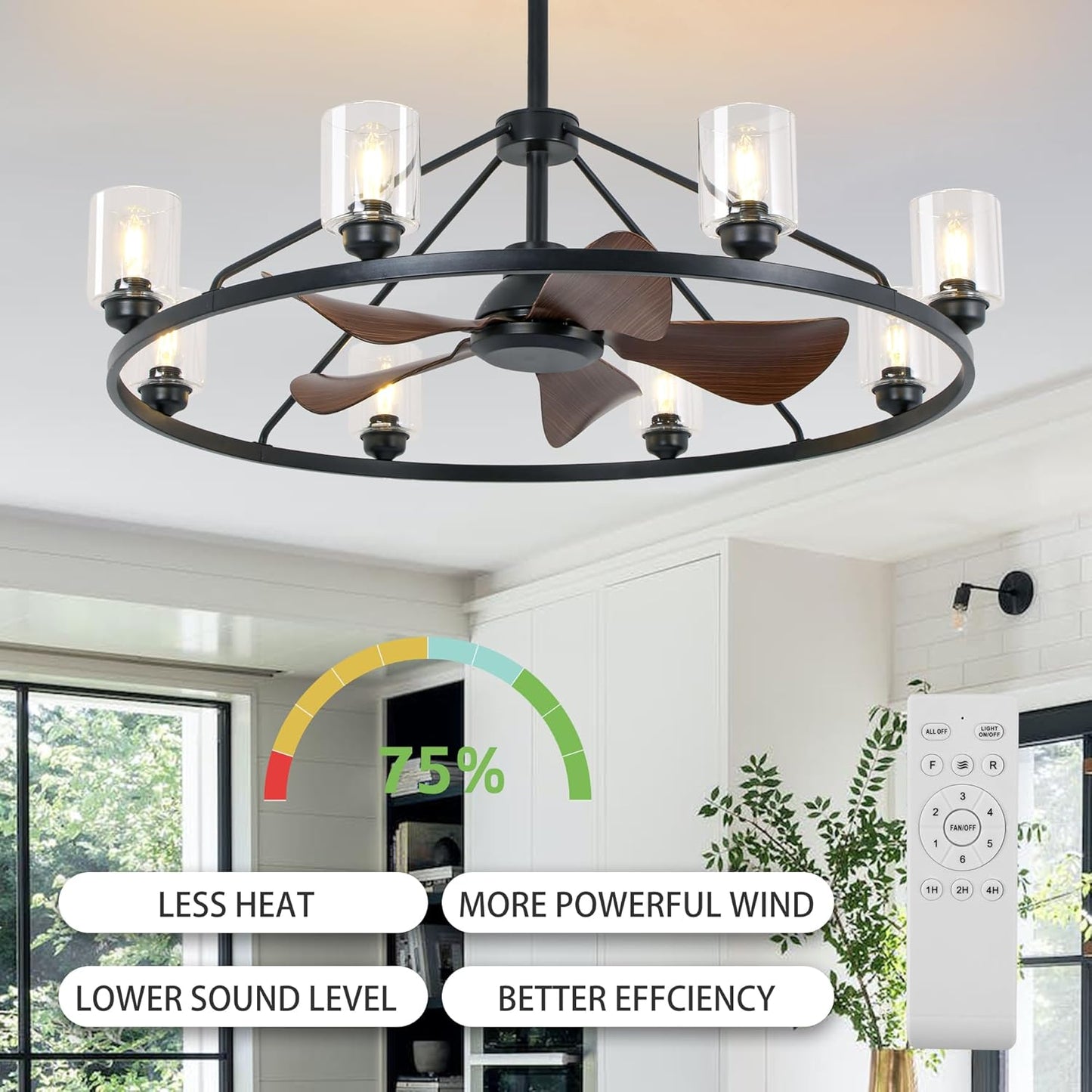 43' Black Wagon Wheel Chandelier Fan with Lights, 8-Lights Large Round Farmhouse Fandelier Light Fixture with Glass Shade, Rustic Industrial Ceiling