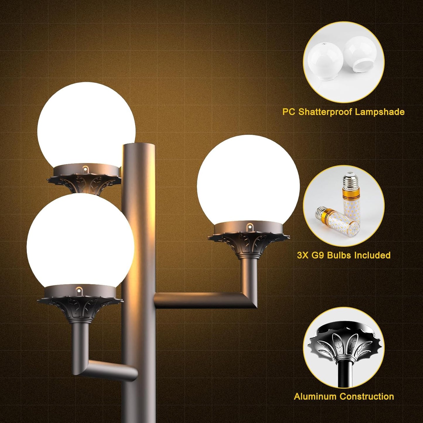 ACOHOOK 79'' Outdoor Lamp Post Light, Triple Head Street Light Pole Lamp for Outside with G9 Bulbs, Waterproof Outdoor Post Light Fixtures