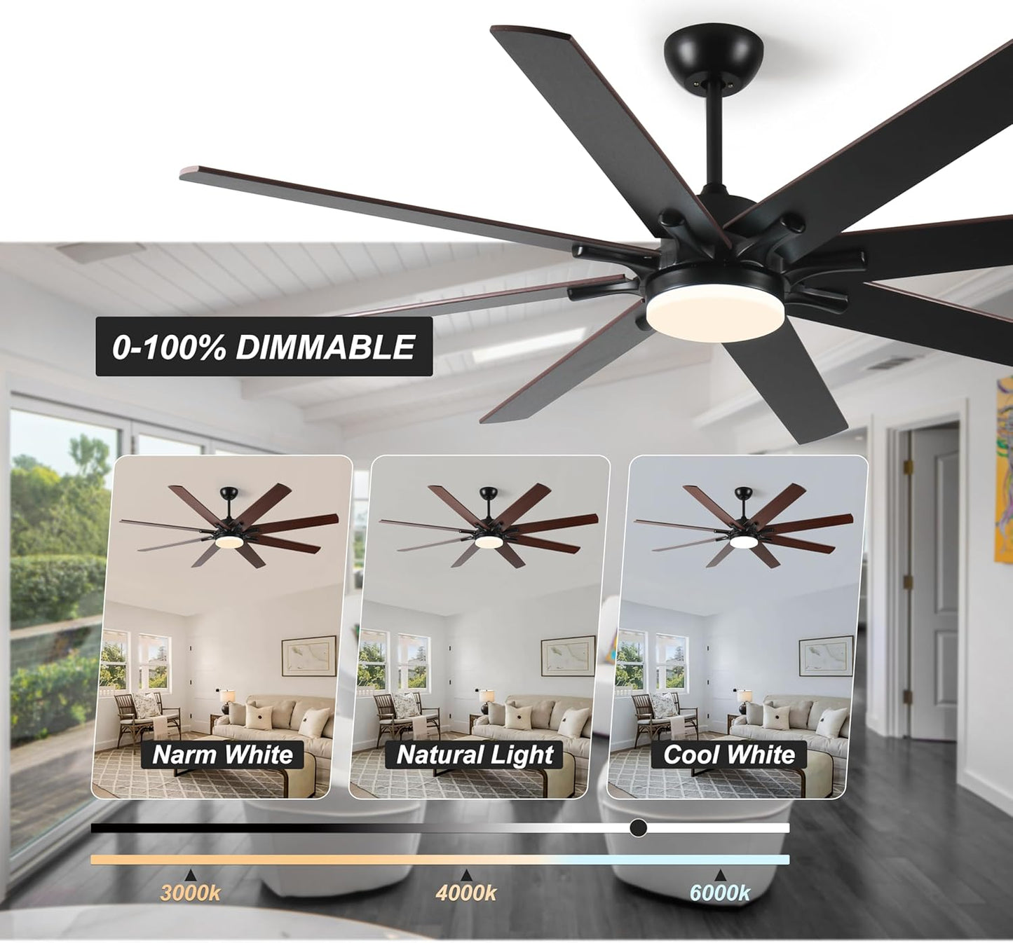 72' Smart Ceiling Fan with Light & Remote, Dimmable 6-Speed WiFi Alexa Control, Quiet DC Motor, Indoor/Outdoor