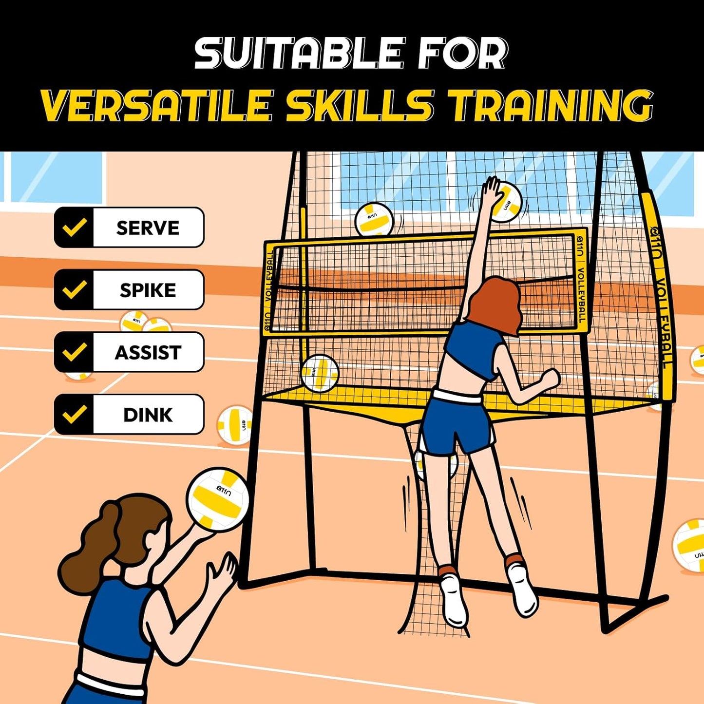 Volleyball Practice Net Station with 3 Adjustable Heights - 6'5', 7'2', 8' - Indoor and Outdoor Volleyball Training Equipment for Serving, Hitting