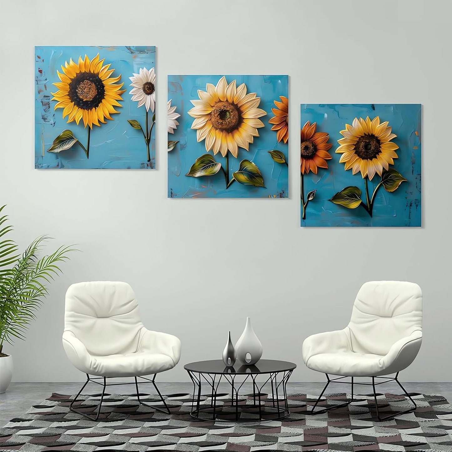 SSRTK 3 Piece Set Large Living Room Sunflower Painting Textured Wall Art Canvas Flower Wall Decor for Women's Room Modern Home Bedroom Oil