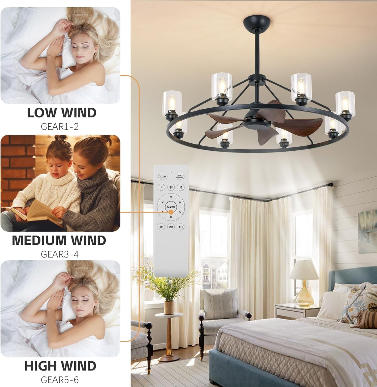 43' Black Wagon Wheel Chandelier Fan with Lights, 8-Lights Large Round Farmhouse Fandelier Light Fixture with Glass Shade, Rustic Industrial Ceiling