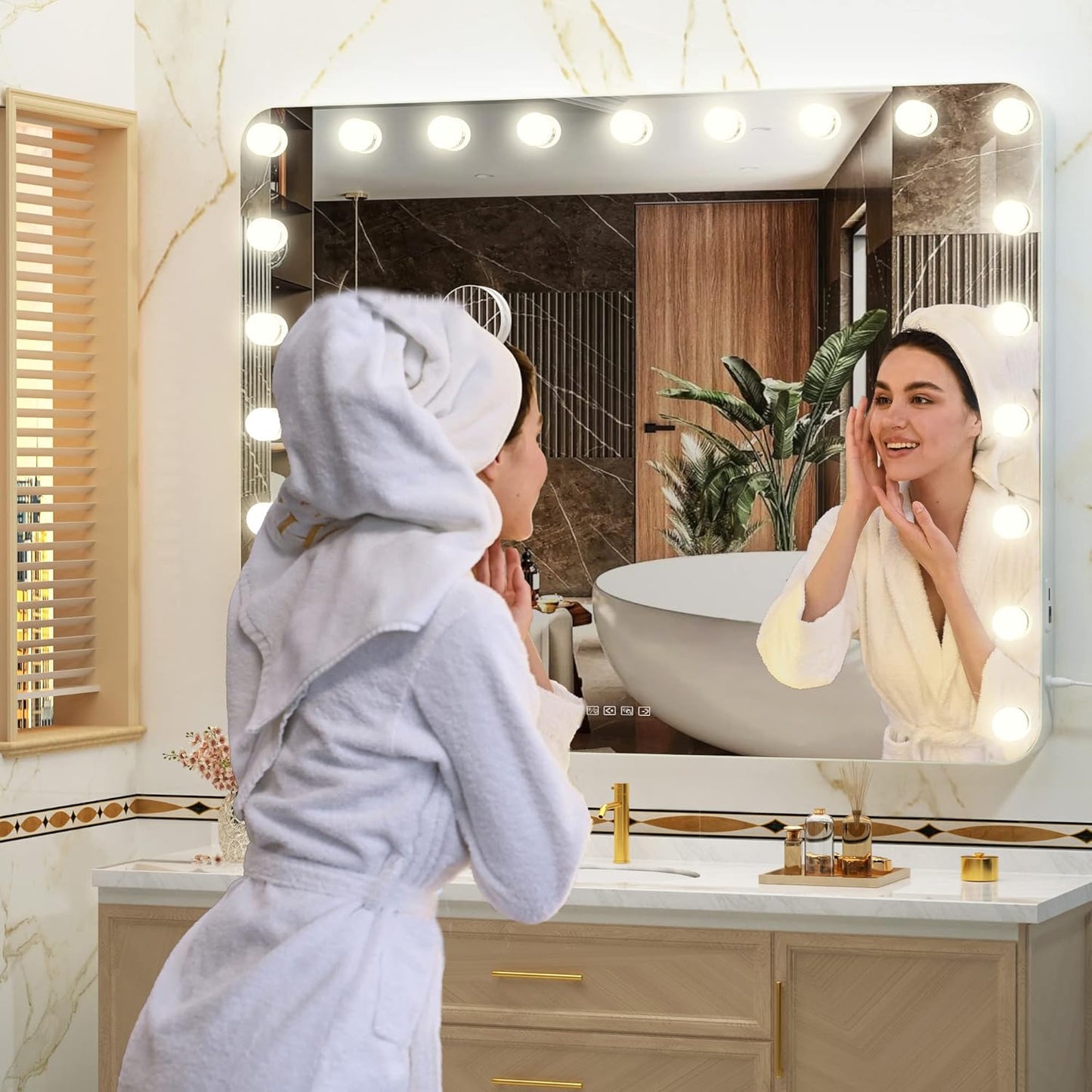 Hasipu Vanity Mirror with Lights and Bluetooth Speaker, 40" x 29" Hollywood Makeup Mirror with 21 Dimmable Bulbs and