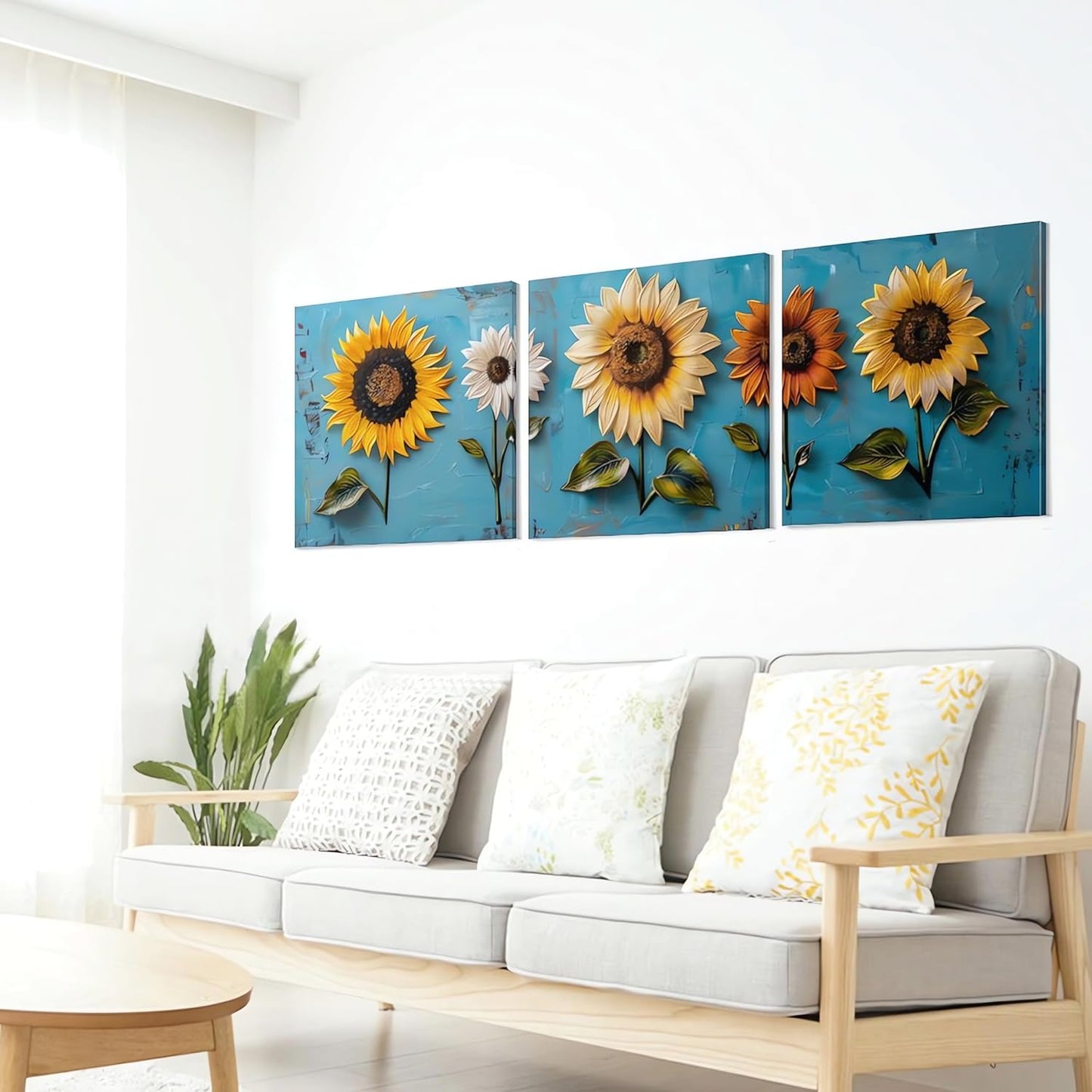 SSRTK 3 Piece Set Large Living Room Sunflower Painting Textured Wall Art Canvas Flower Wall Decor for Women's Room Modern Home Bedroom Oil