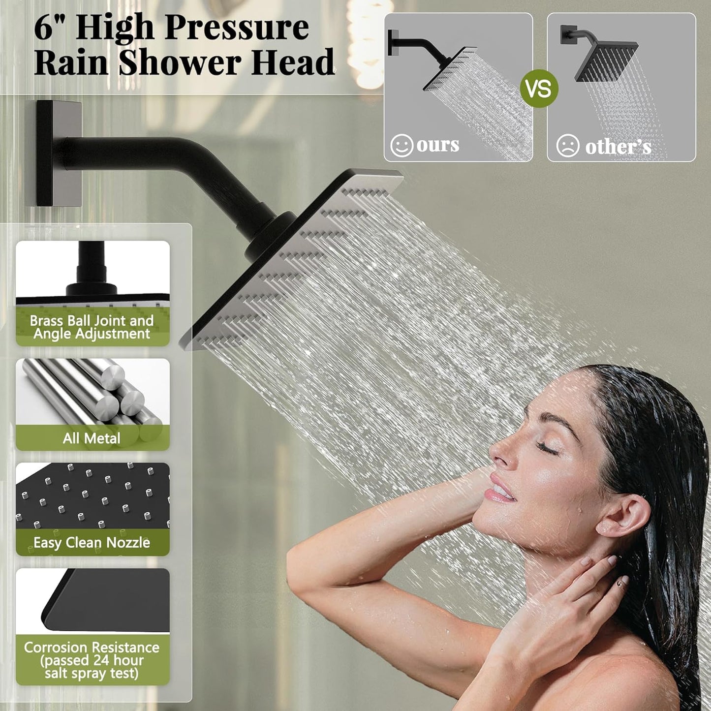 Gabrylly Shower Faucet Set, Bathtub Faucet with 6" Rain Black Shower Head and Handle Set, Single-Handle Tub Shower Tr