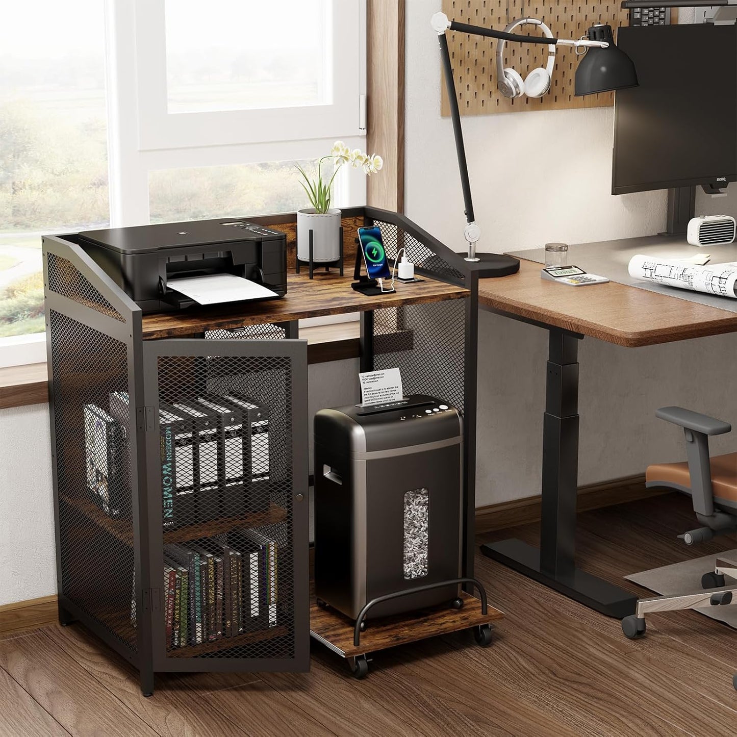 EasyCom Printer Stand with Charging Station and Paper Shredder Stand 3 Tier Lateral Printer Table with Open Storage Shelves- Printer Shelf for