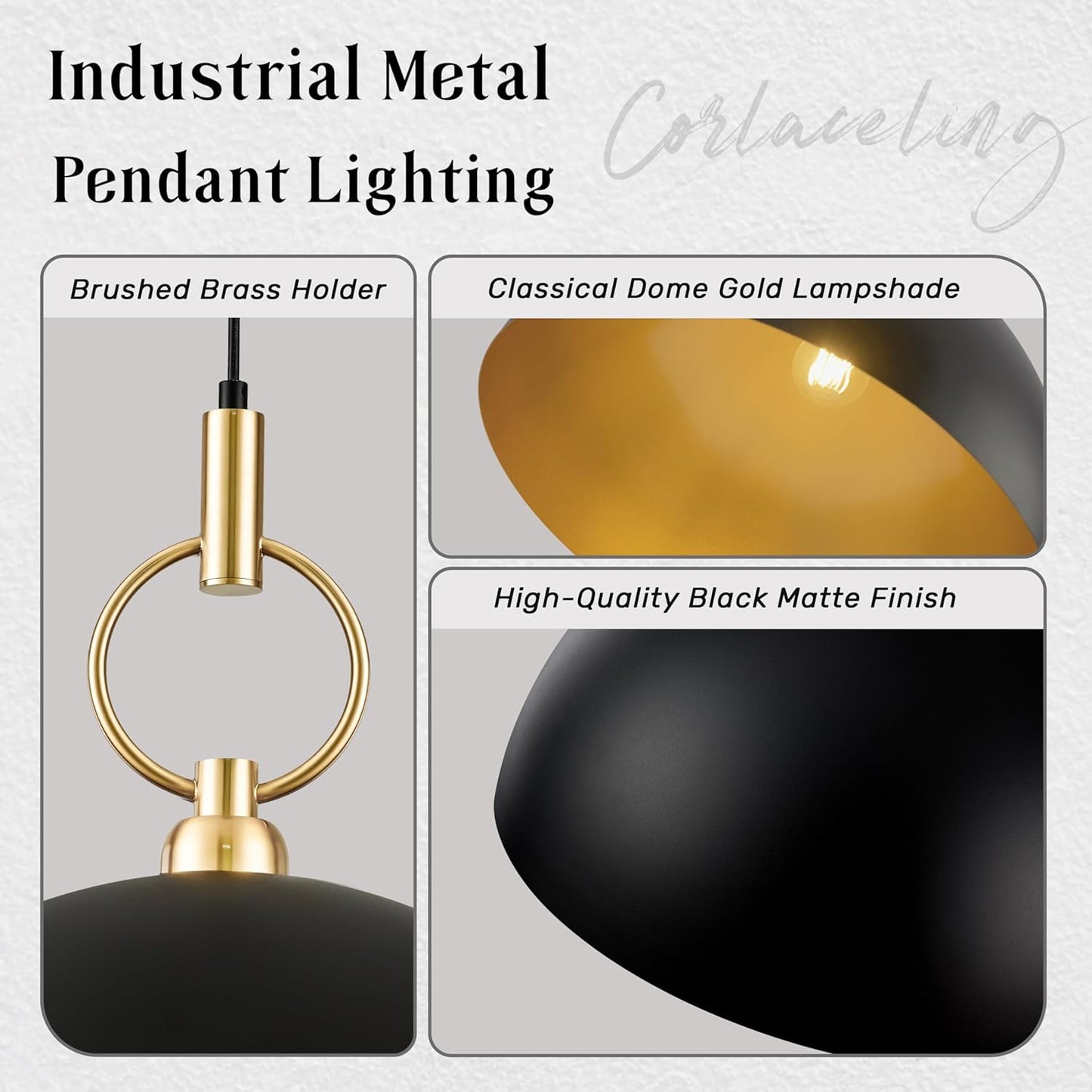 Corlaceling 17.7" Large Pendant Light for Kitchen Island Farmhouse Black and Gold Pendant Lighting Industrial Dome Pendant Light Fixture for
