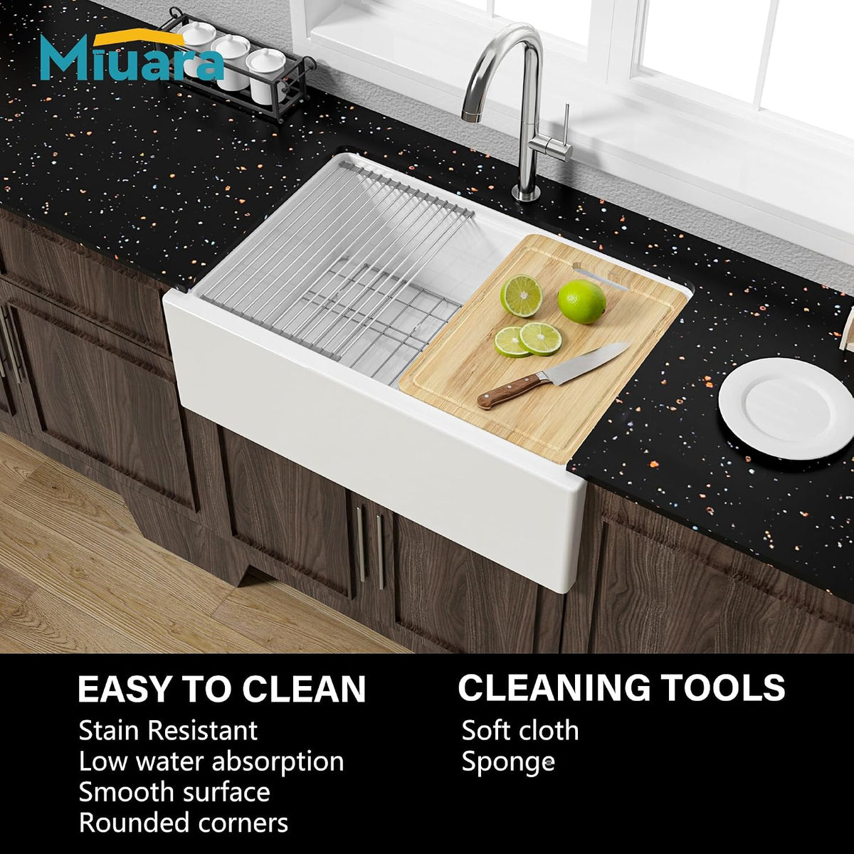 Miuara 30 x 20 Inch Self Trimming Farmhouse Workstation Kitchen Sink White Glossy White 30"x20"x10"