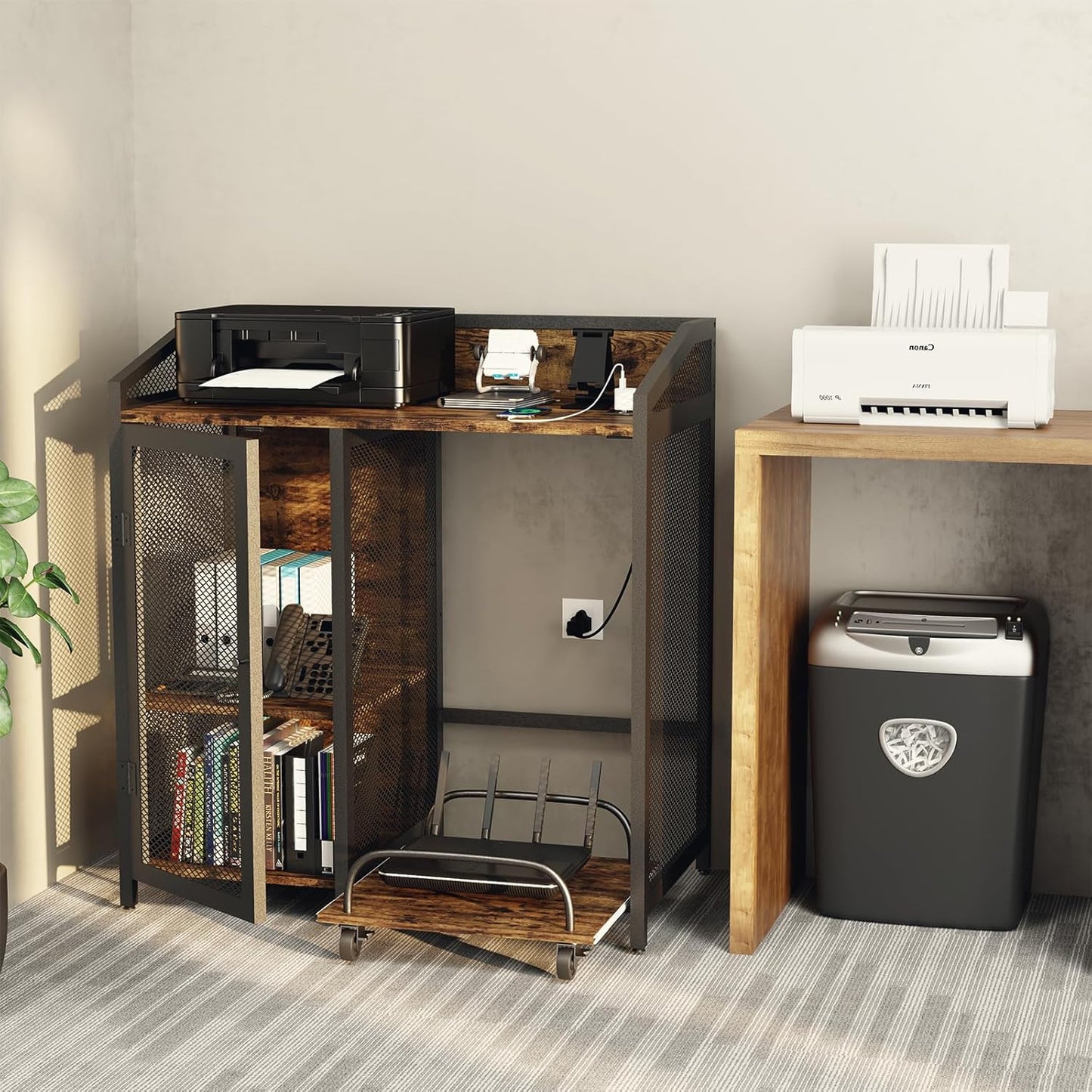 EasyCom Printer Stand with Charging Station and Paper Shredder Stand 3 Tier Lateral Printer Table with Open Storage Shelves- Printer Shelf for