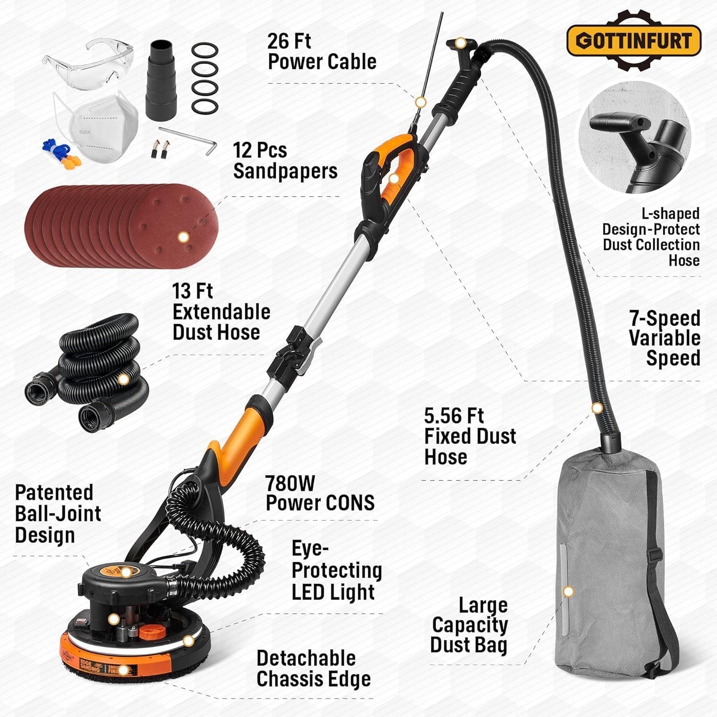 Drywall Sander, 780W Electric Power Drywall Sander with Vacuum, Dry Wall Sander with Extendable Handle, 7 Variable Speed 900-1800RPM, 26' Power Cord,