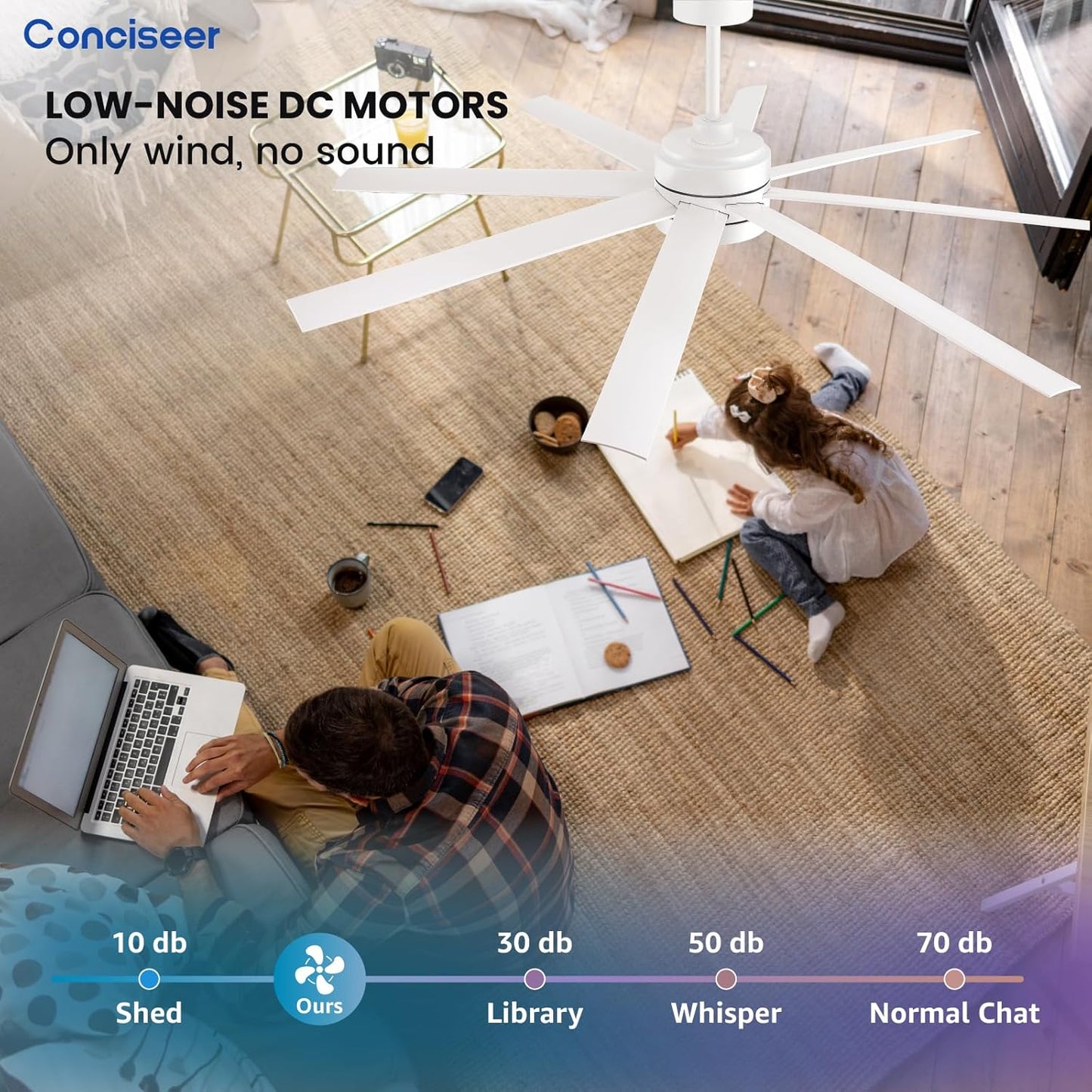 Modern Ceiling Fans with Lights, 65 Inch Ceiling Fans with Remote for Bedroom Living Room Kitchen, 8 Blades 6 Speed Reversible Quiet DC Motor White