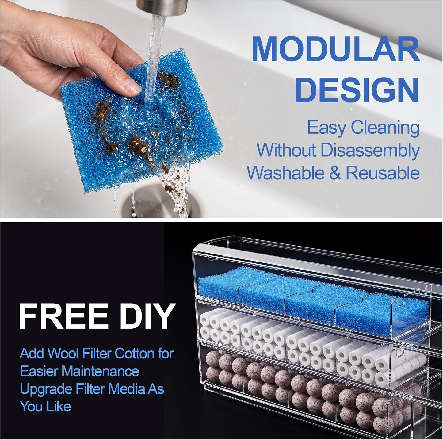 3-Tier Wet-Dry Trickle Aquarium Filter, Smoke Clear Filter Box, 476 GPH 3-in-1 Water Pump, Ultra Quiet, Adjustable Bracket, Easy Maintenance, For 20-80 Gallon Freshwater Saltwater Turtle Tanks