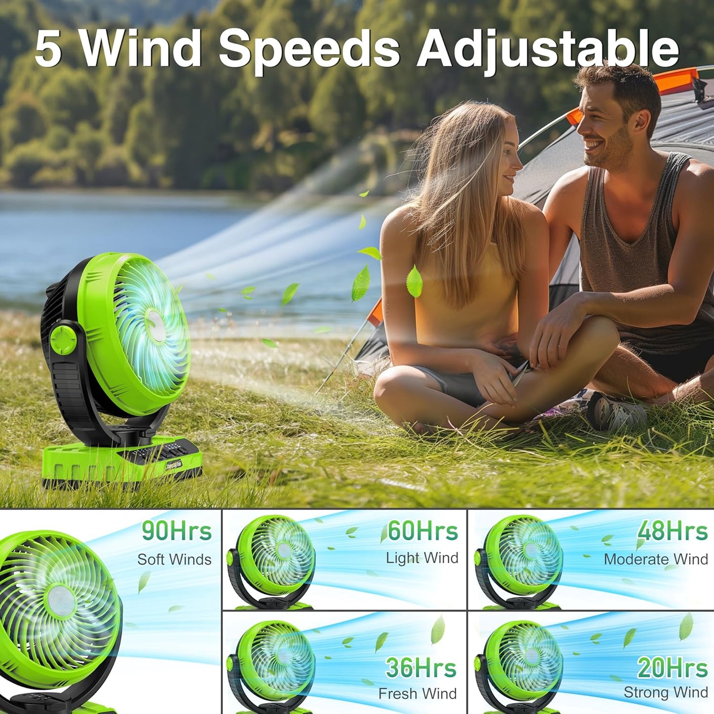 Camping Fan with LED Lantern, 40000mAh Rechargeable Battery Operated Outdoor Tent Fan with Light & Hanging Hook, 5 Speeds, Personal USB Desk Fan for