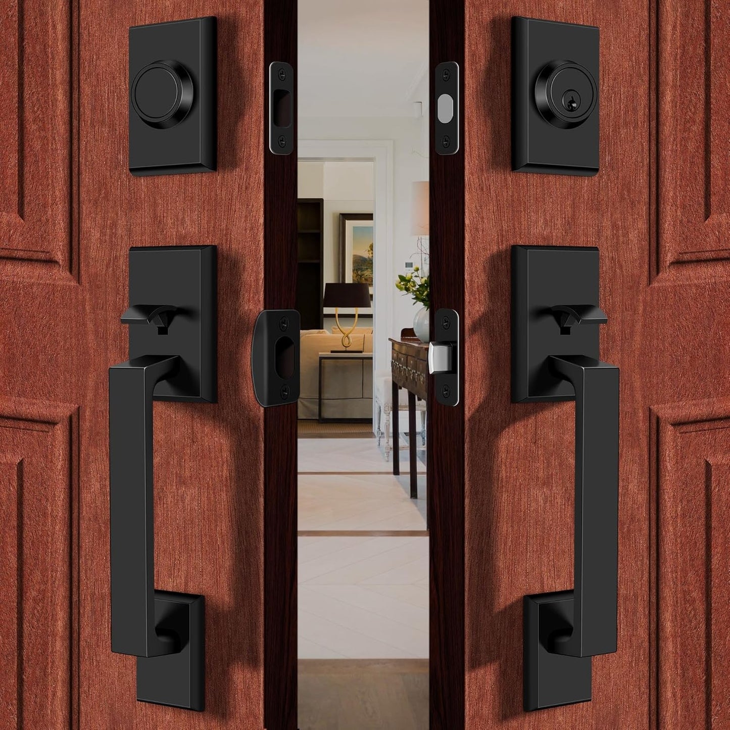 Double Front Door Lock Set, Square Heavy Duty Double Door Handle with Dummy, Handleset with Deadbolt, Black