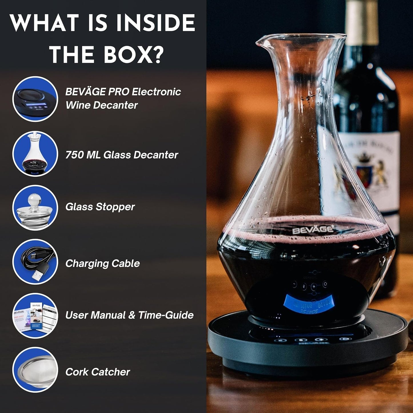 Bevage Pro Electronic Wine/Spirits Aging and Decanting Liquor Decanter by Bevage - Lead-Free Glass Decanter, Cork Catcher, USB-C Battery, Glass